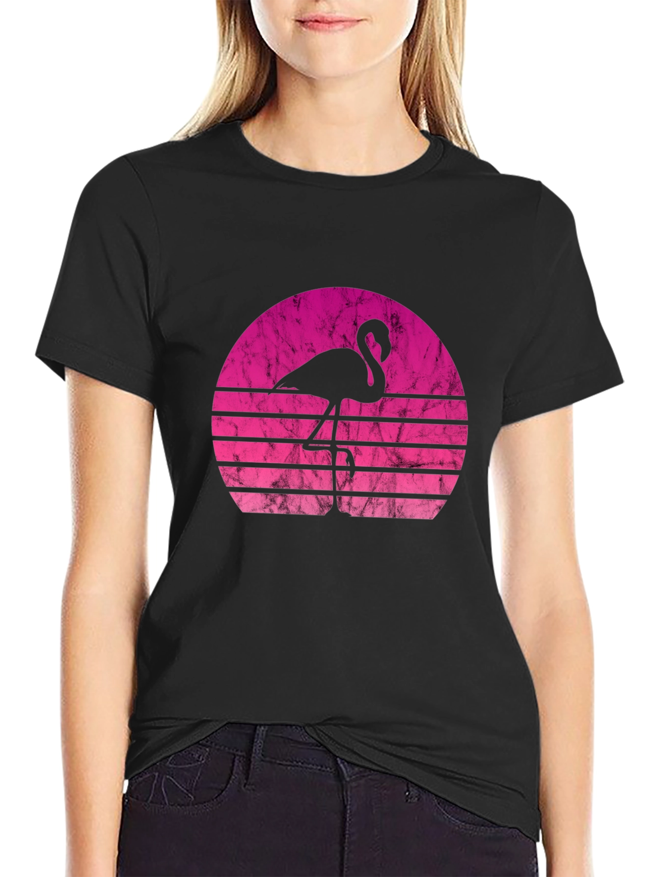 Retro Flamingo Sunset Black T-Shirt