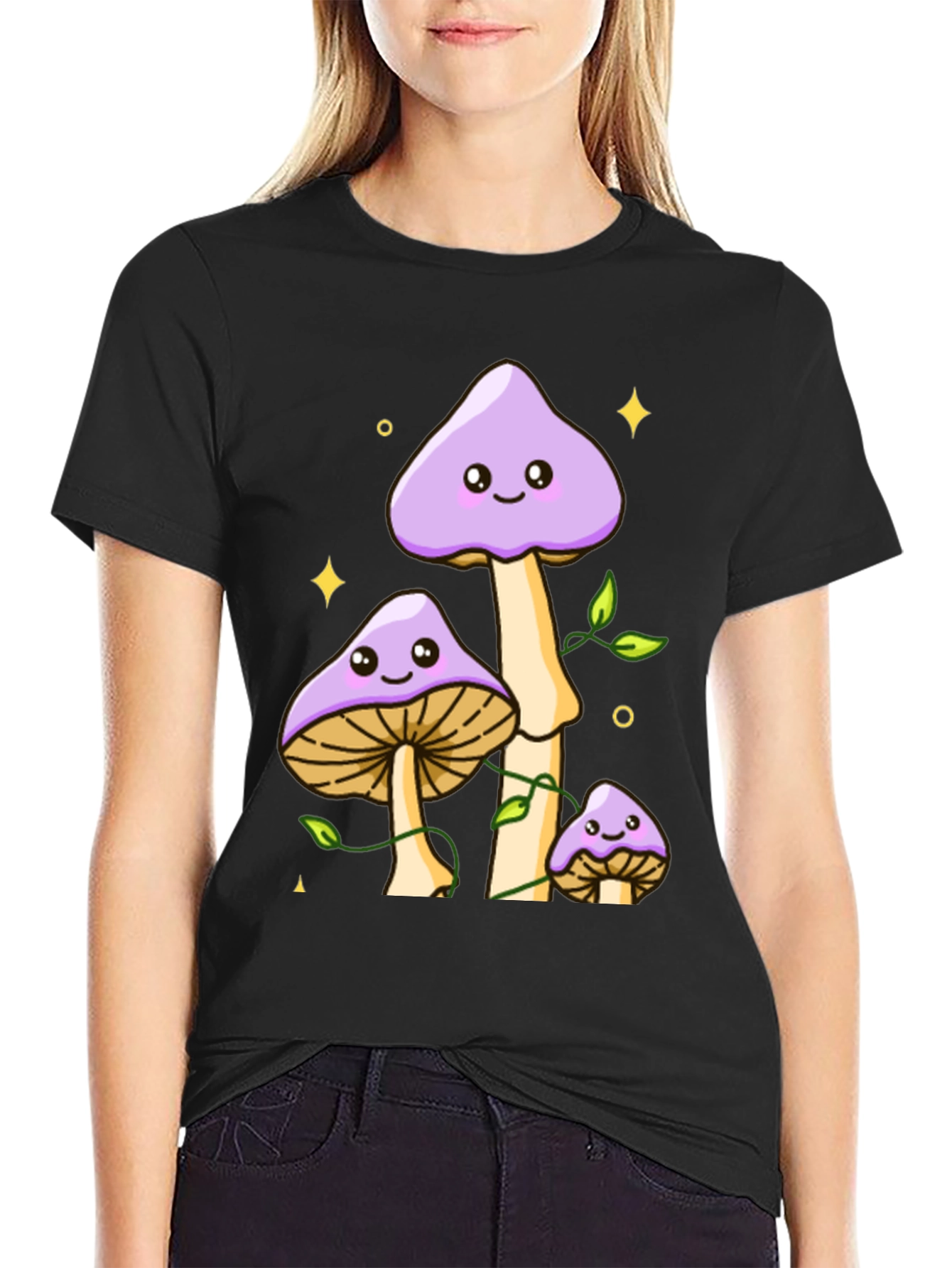 Cute Mushroom Graphic Tee - Black Cotton Shirt