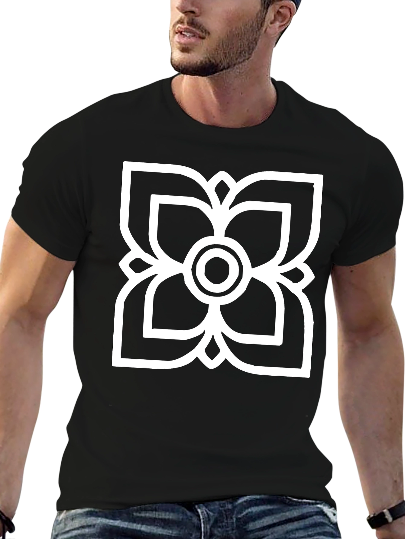 Black T-Shirt with White Floral Graphic