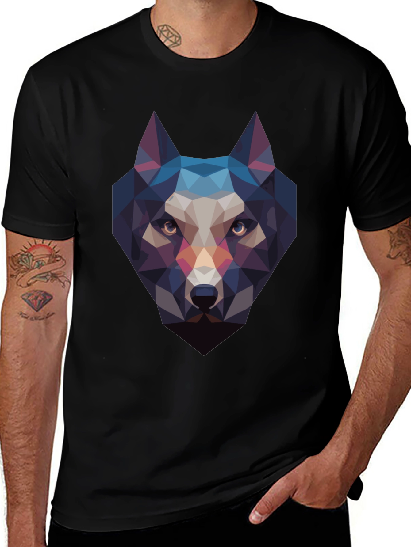 Geometric Wolf Head Black T-Shirt