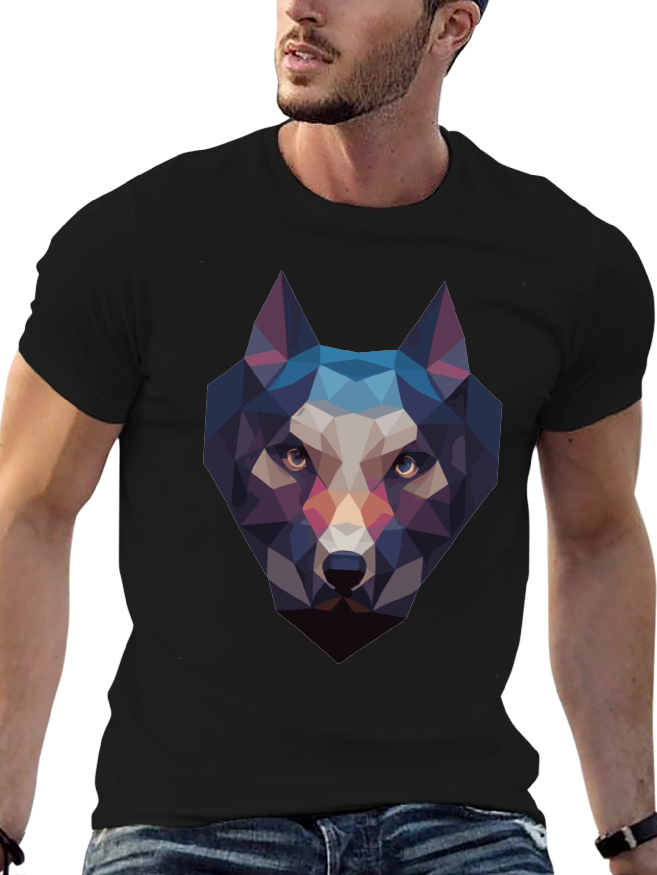 Geometric Wolf Head Black T-Shirt