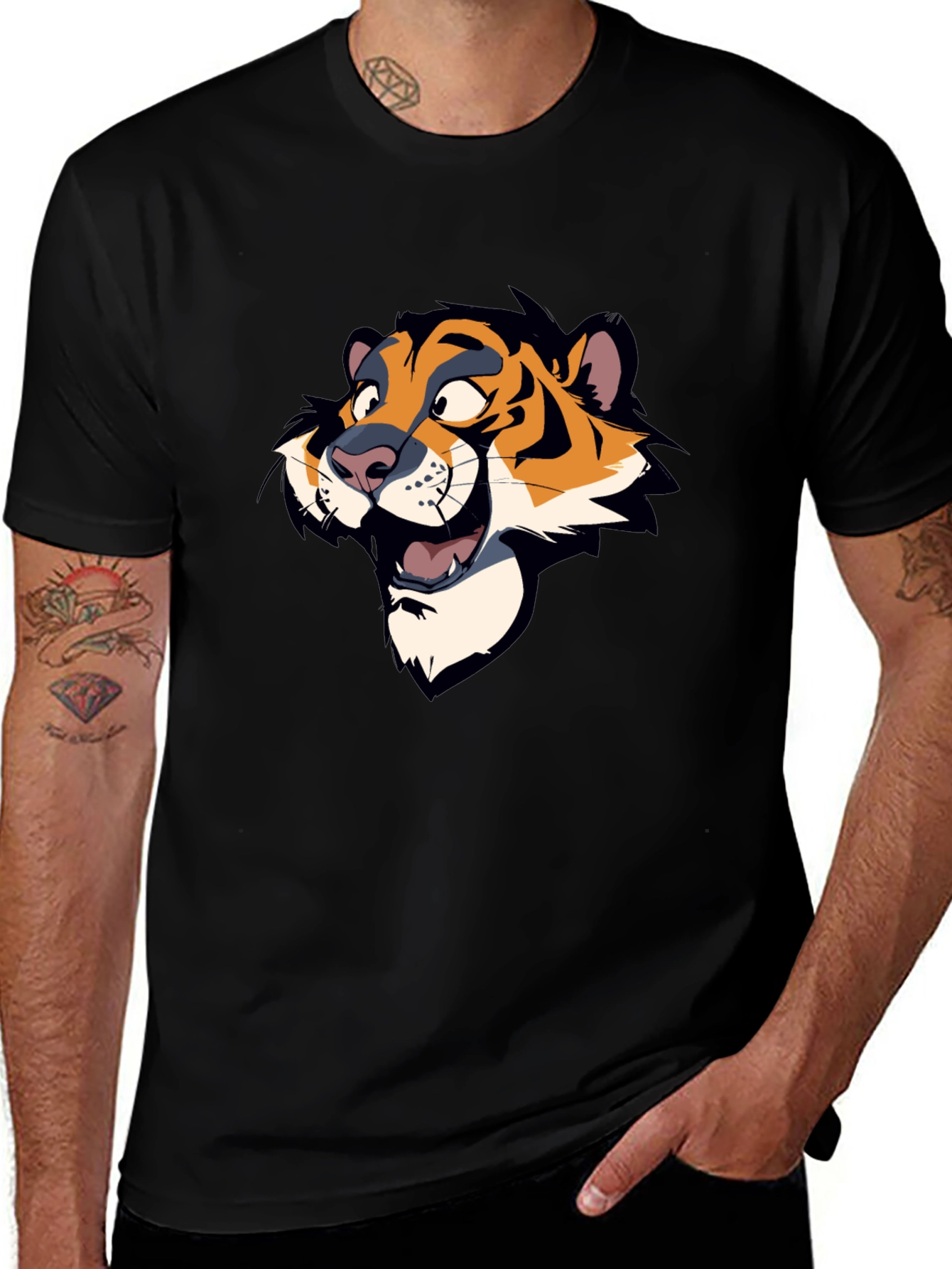 Cartoon Tiger Graphic Black T-Shirt