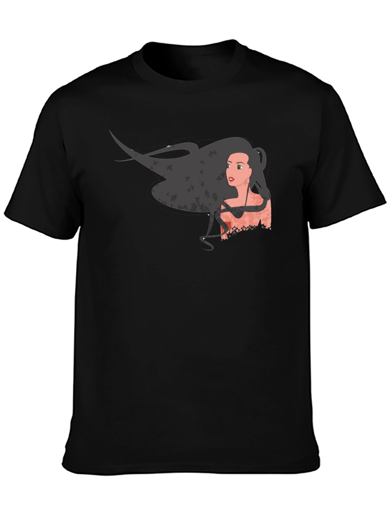 Graphic Print Black T-Shirt - Woman with Flowing Hair