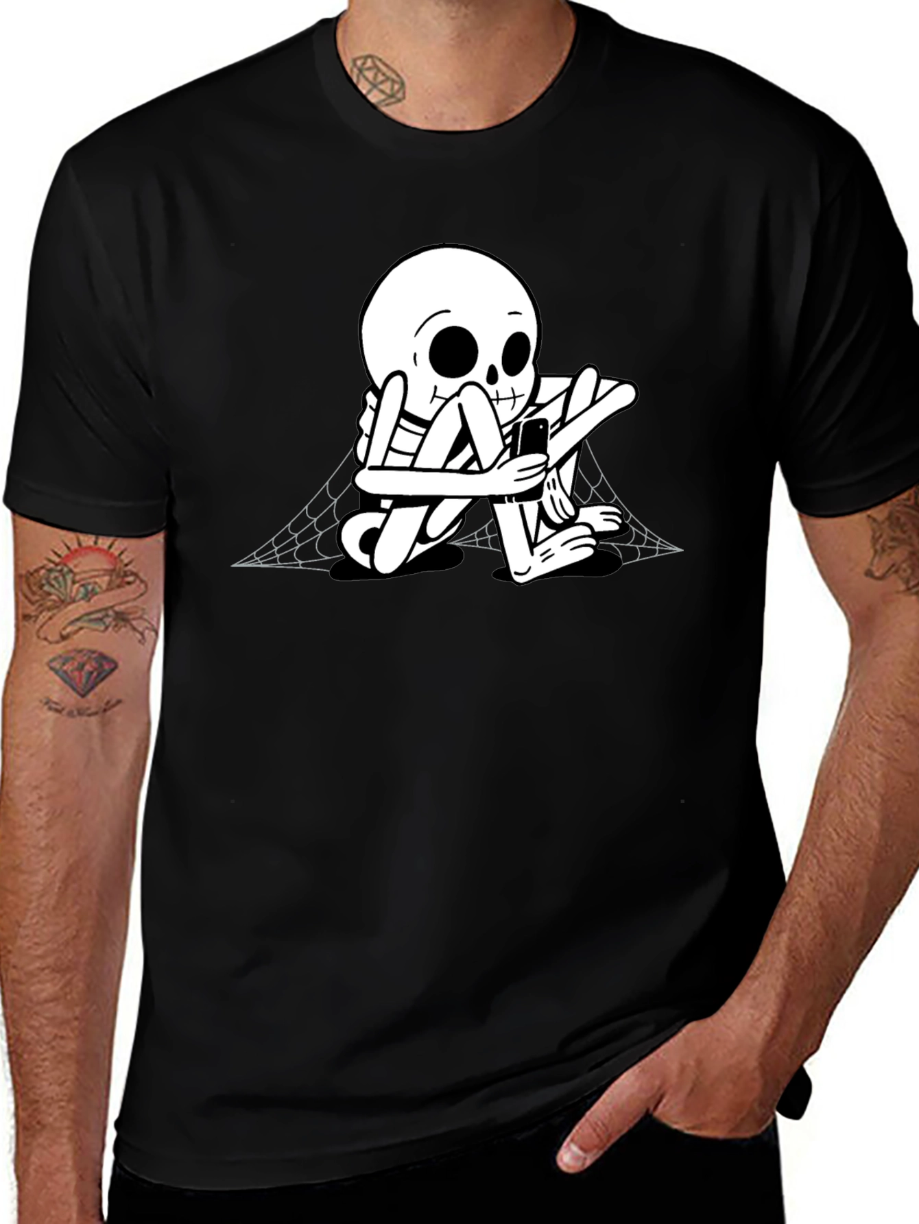 Skeleton on Phone Black Graphic Tee