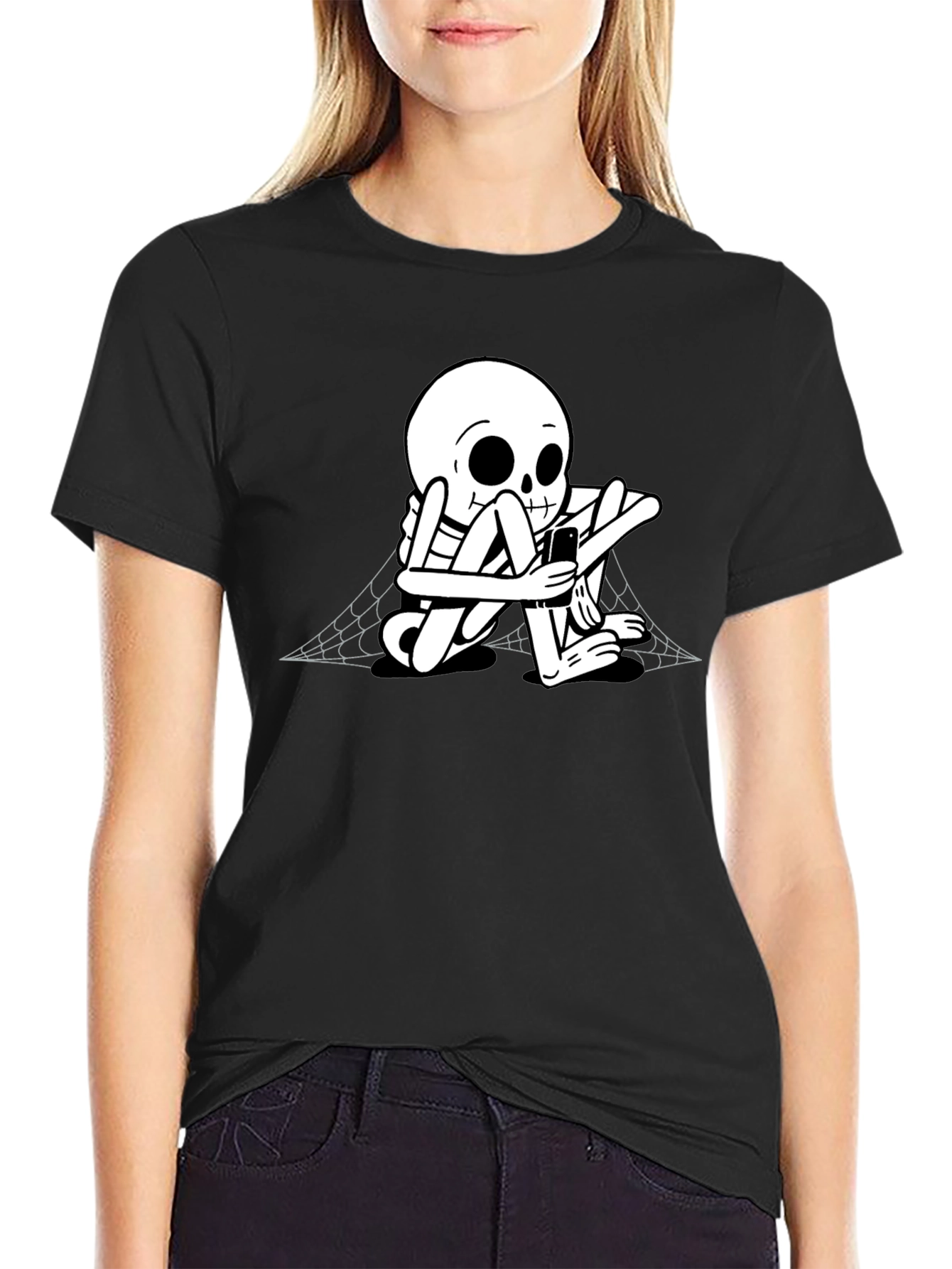 Skeleton on Phone Black Graphic Tee