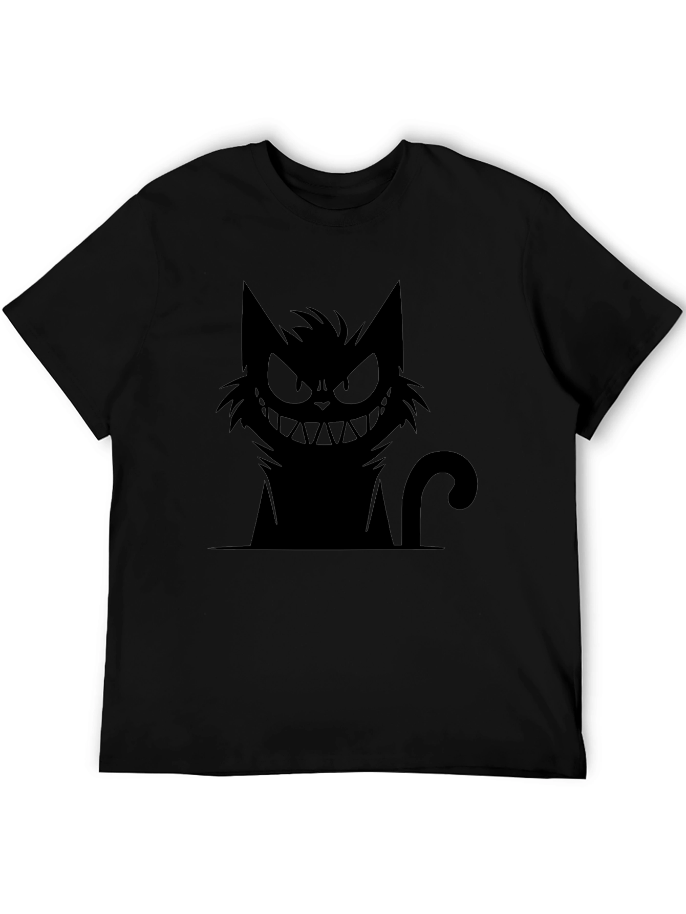 Grinning Cat Graphic Tee - Black Cotton T-Shirt