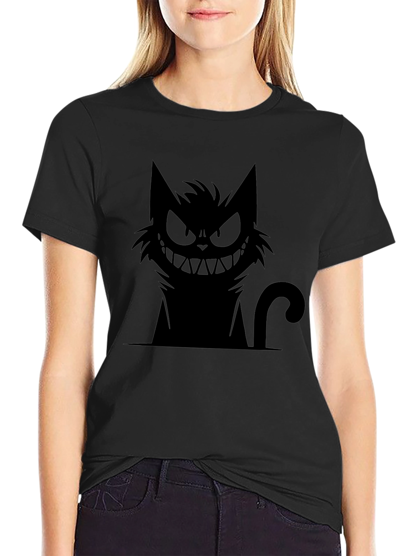 Grinning Cat Graphic Tee - Black Cotton T-Shirt