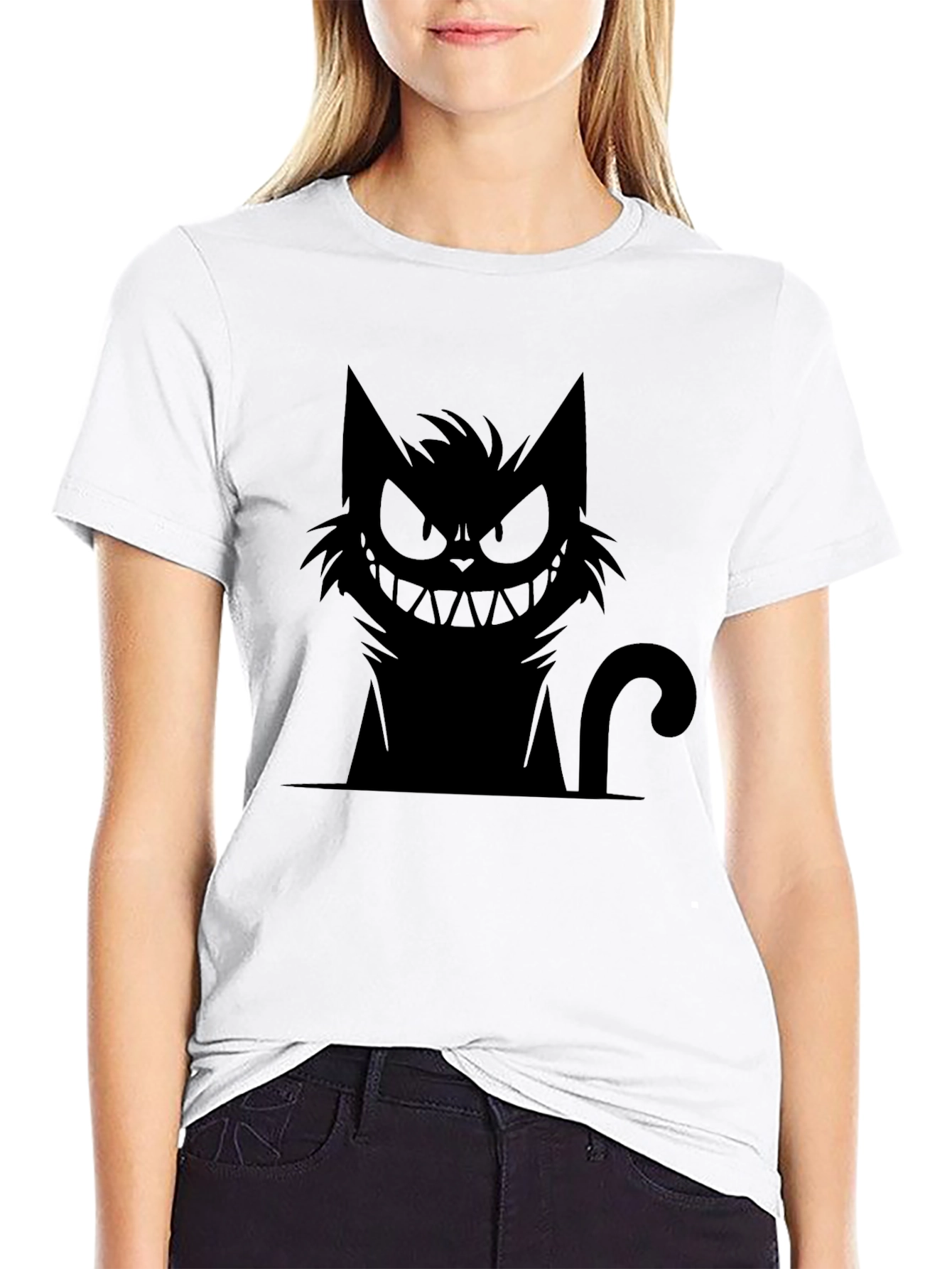 Grinning Cat Graphic Tee - Black Cotton T-Shirt