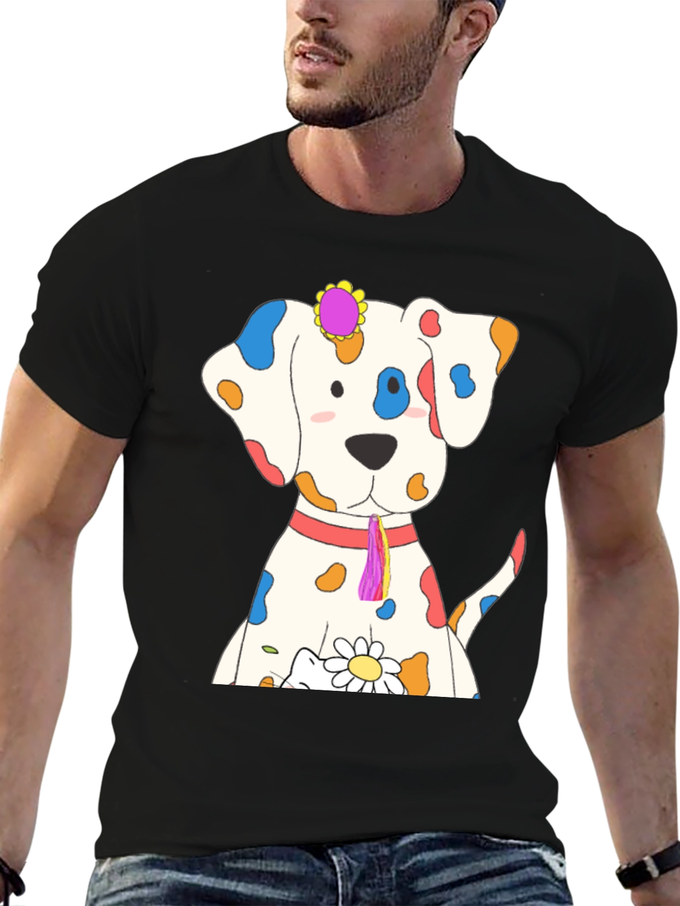 Whimsical Dog Print Black T-Shirt