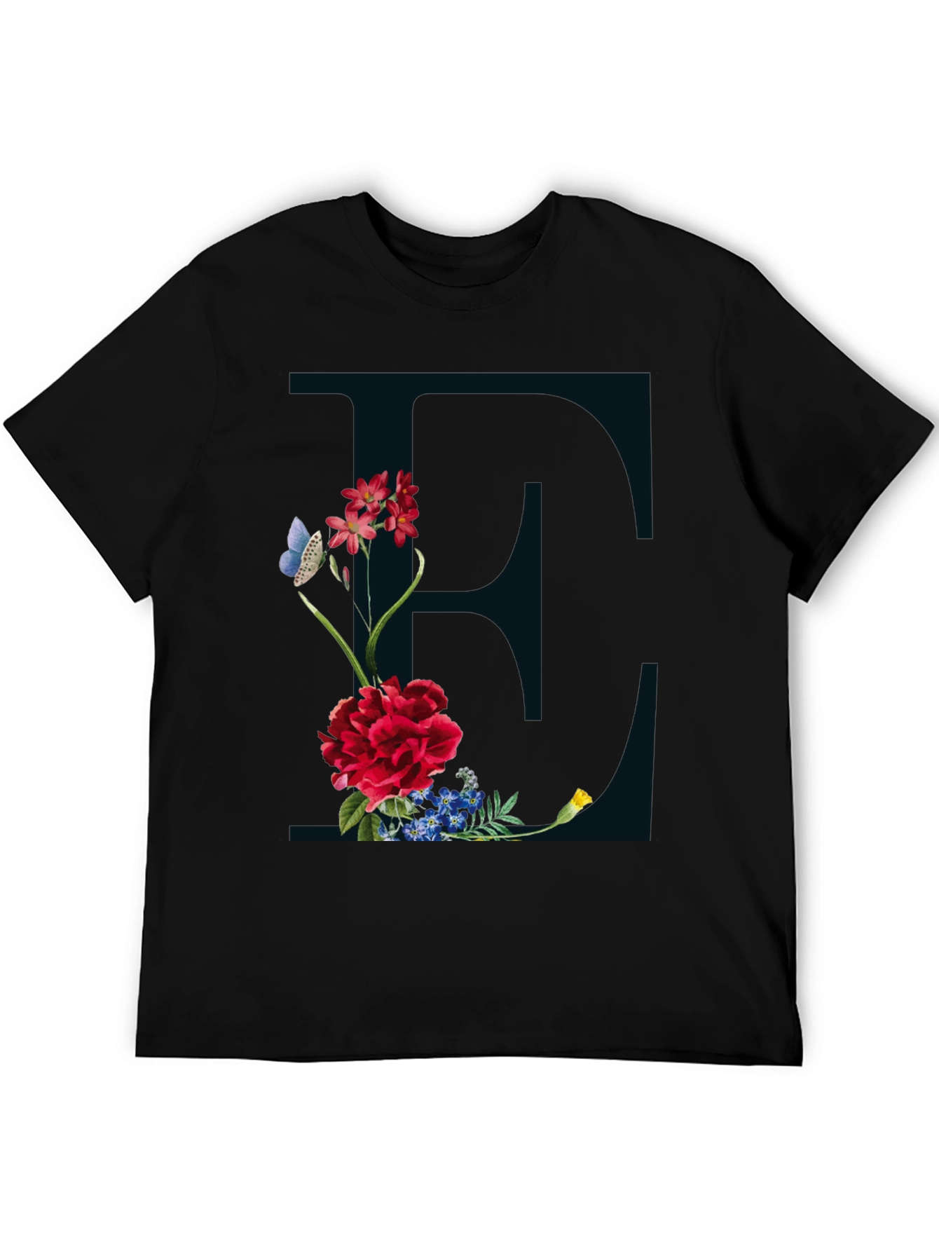 Floral Letter E Black T-Shirt