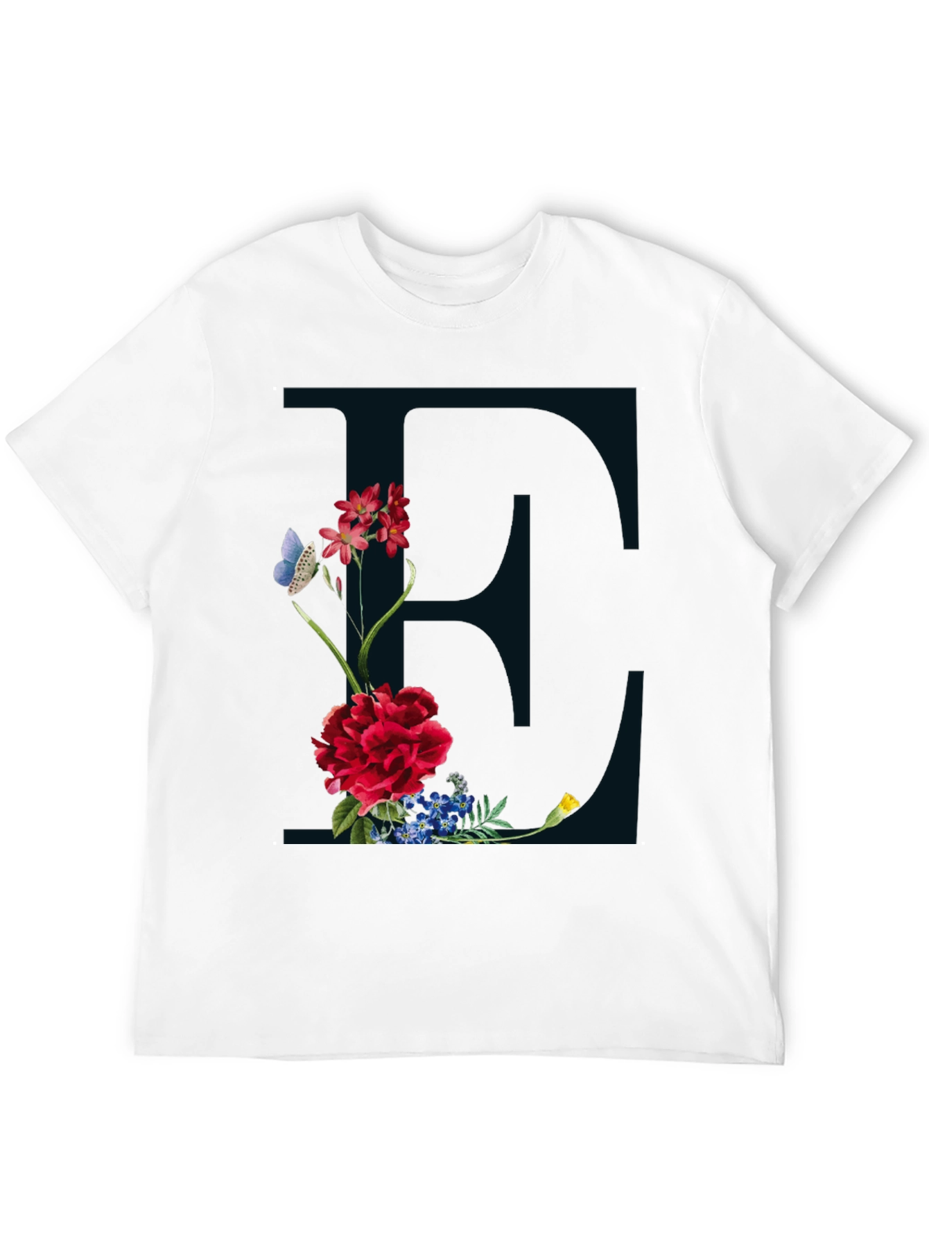 Floral Letter E Black T-Shirt