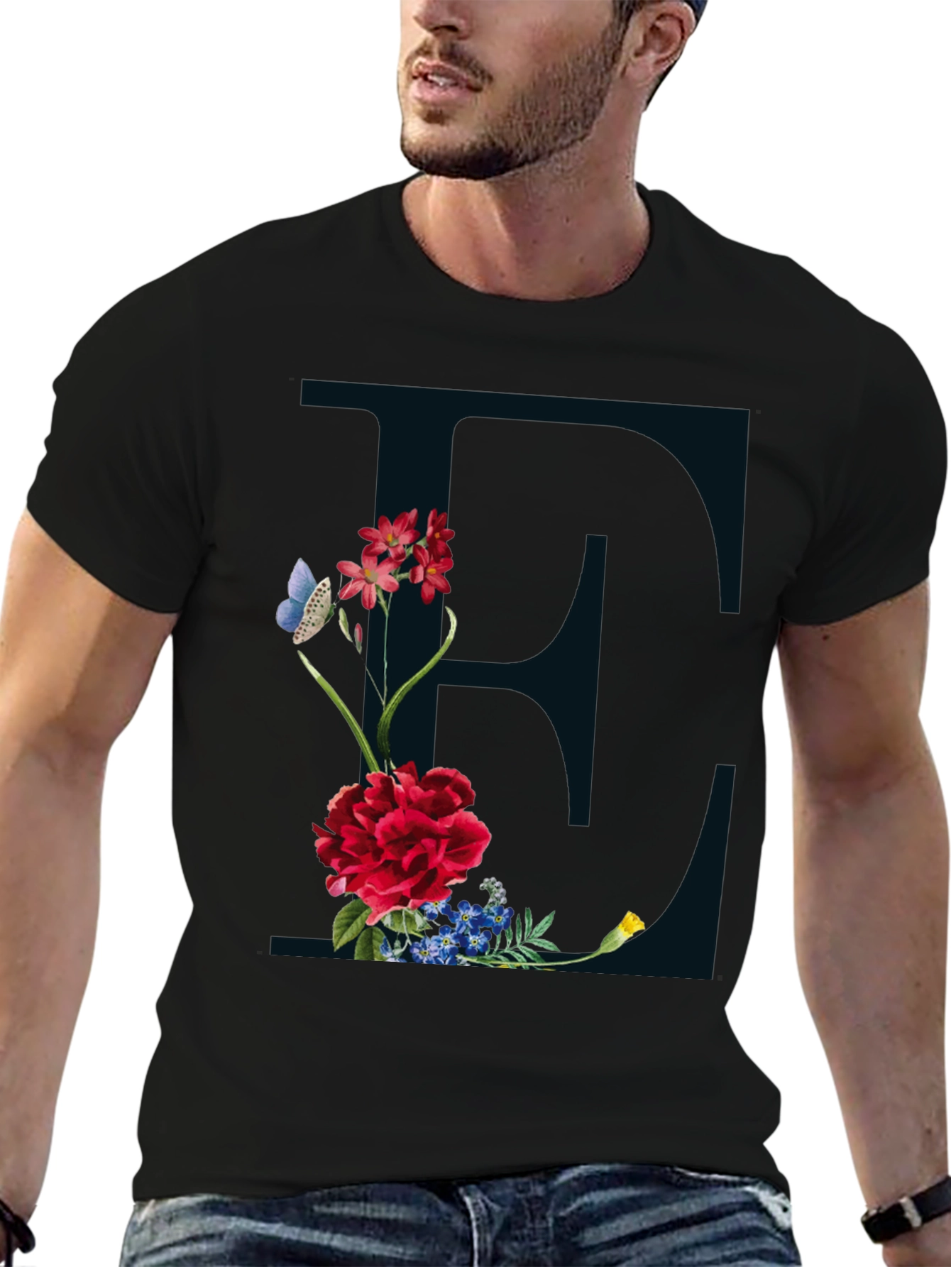 Floral Letter E Black T-Shirt