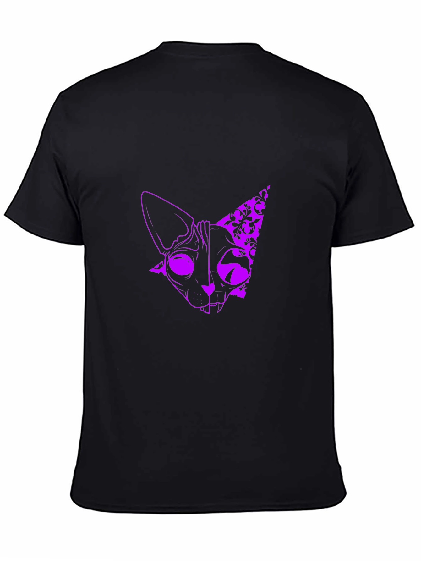 Mens Black T-Shirt with Purple Cat Design