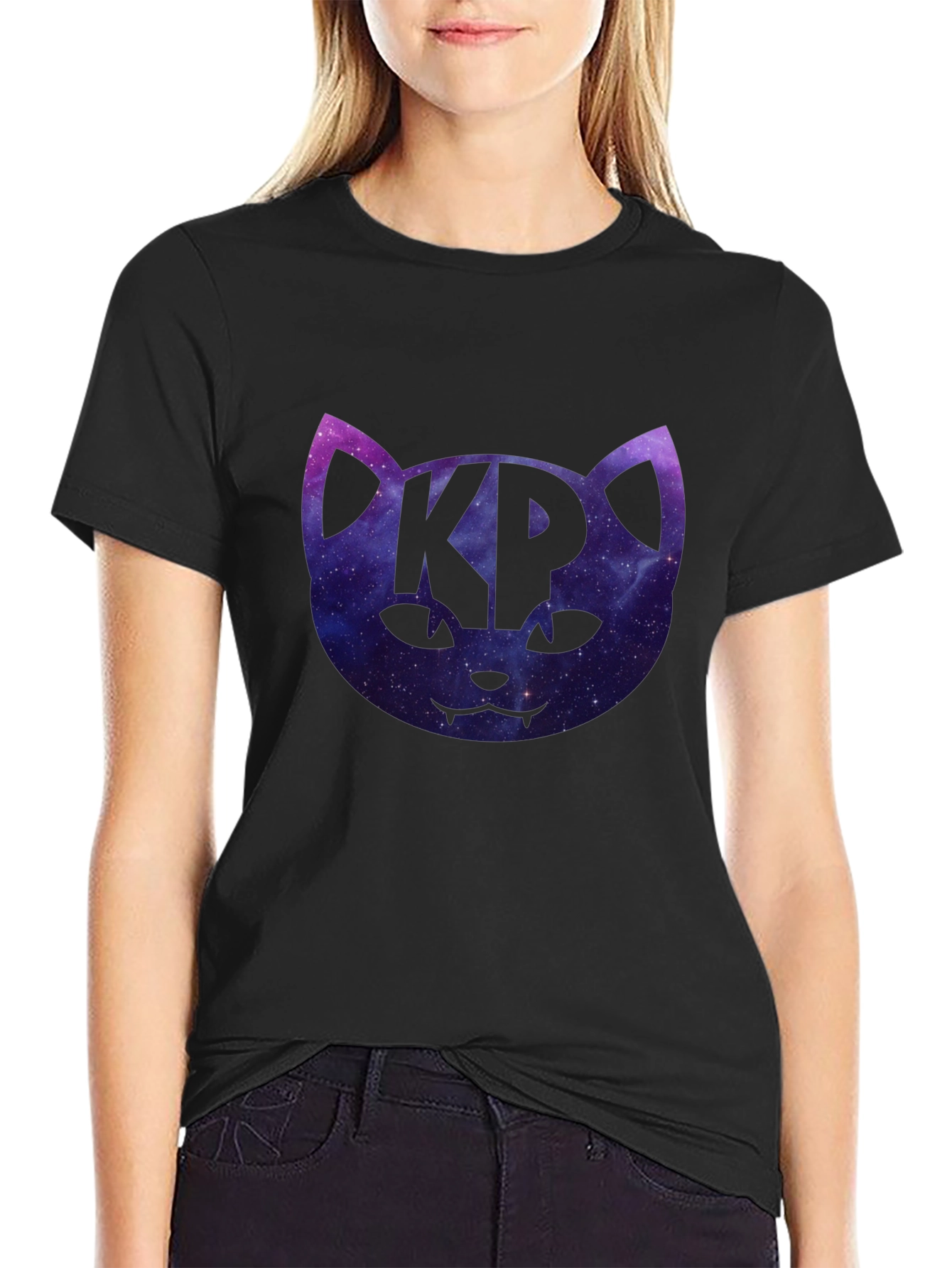 Cosmic Cat KP Black T-Shirt - Galaxy Kitty Design