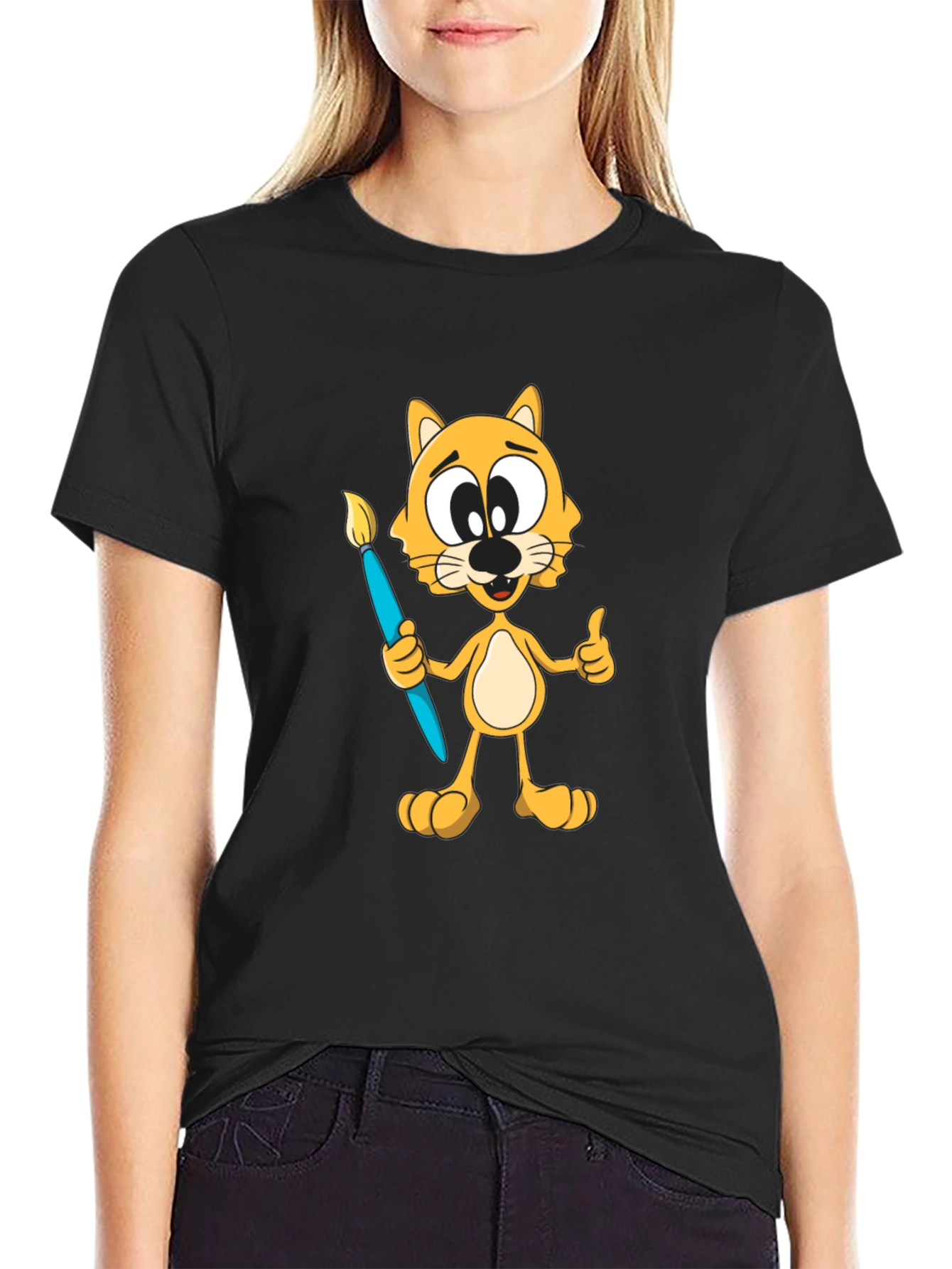 Cartoon Cat Artist Graphic T-Shirt