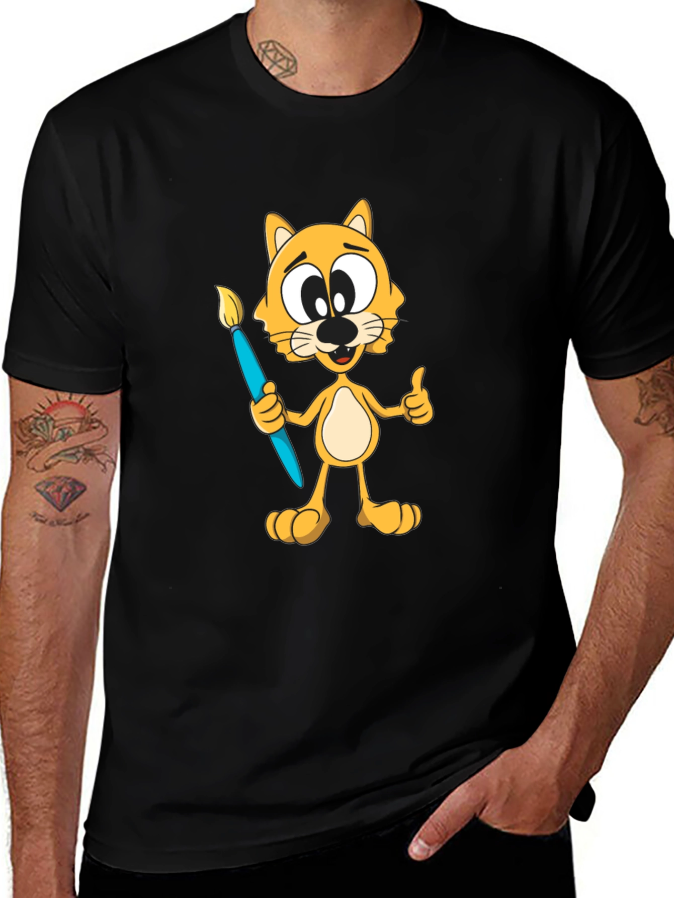 Cartoon Cat Artist Graphic T-Shirt