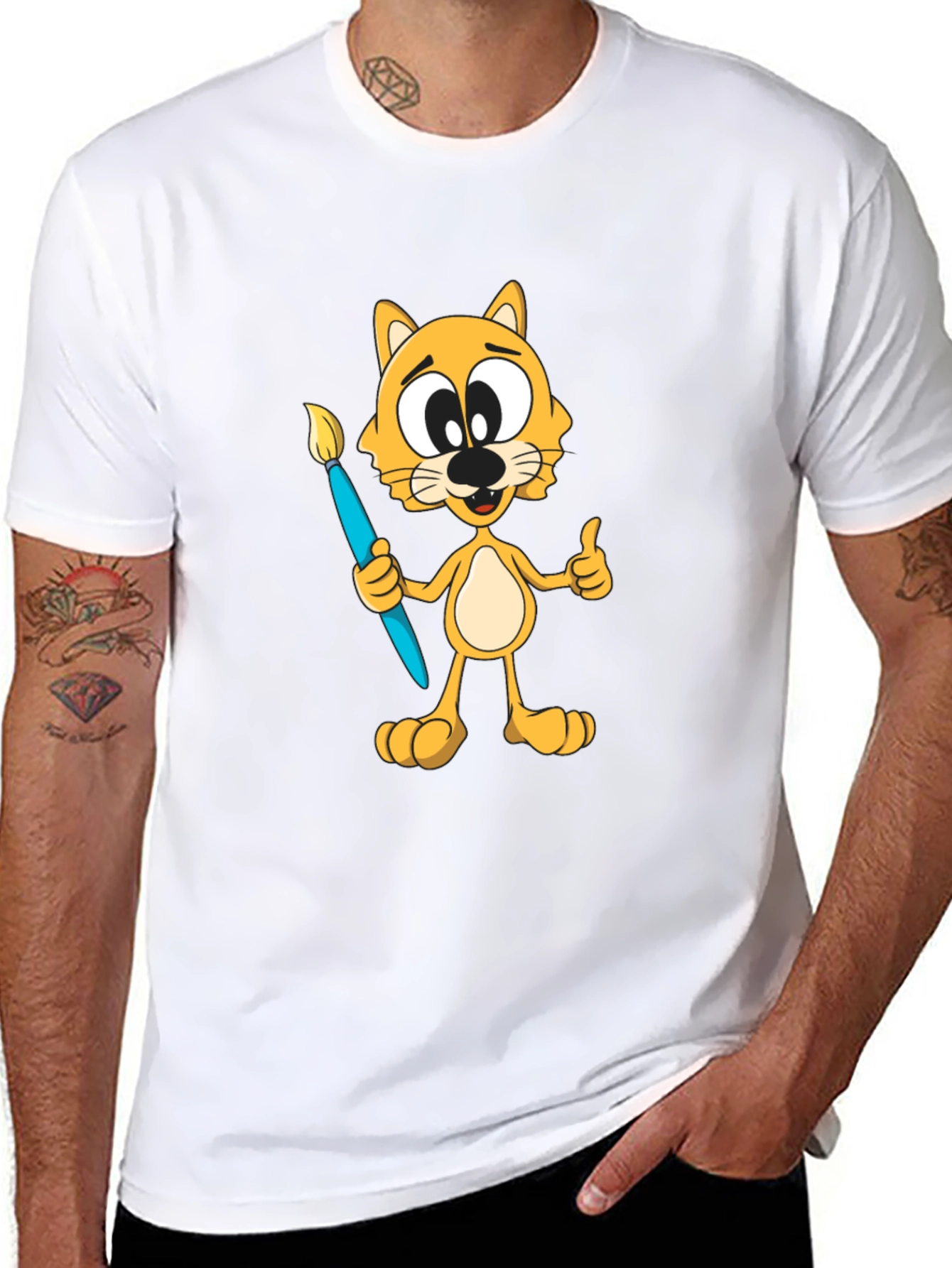 Cartoon Cat Artist Graphic T-Shirt