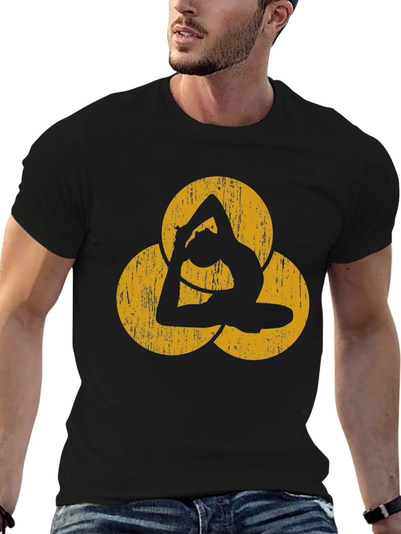 Yoga Pose T-Shirt - Black with Geometric Design