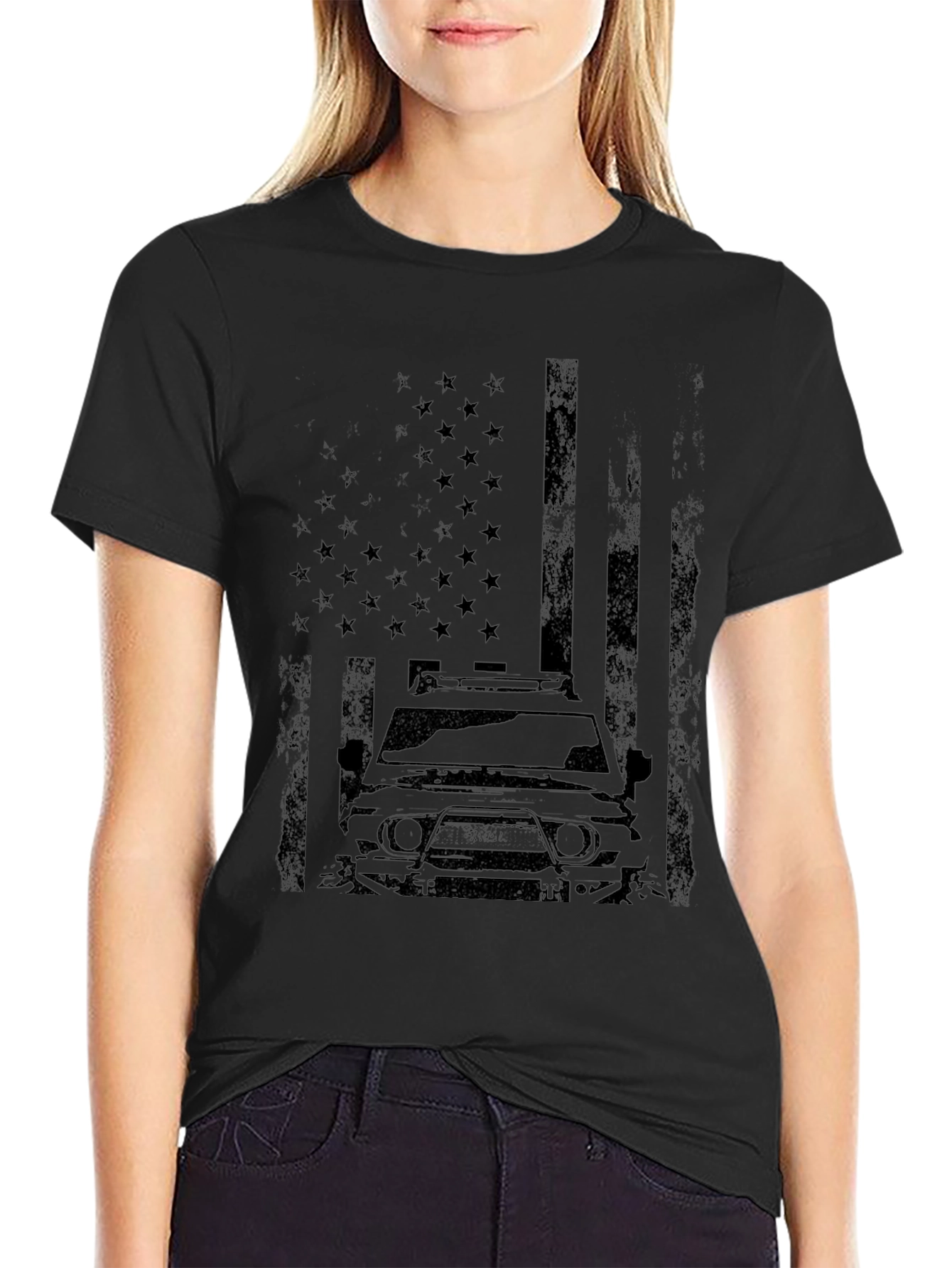 American Flag SUV Graphic Tee - Black Cotton Blend