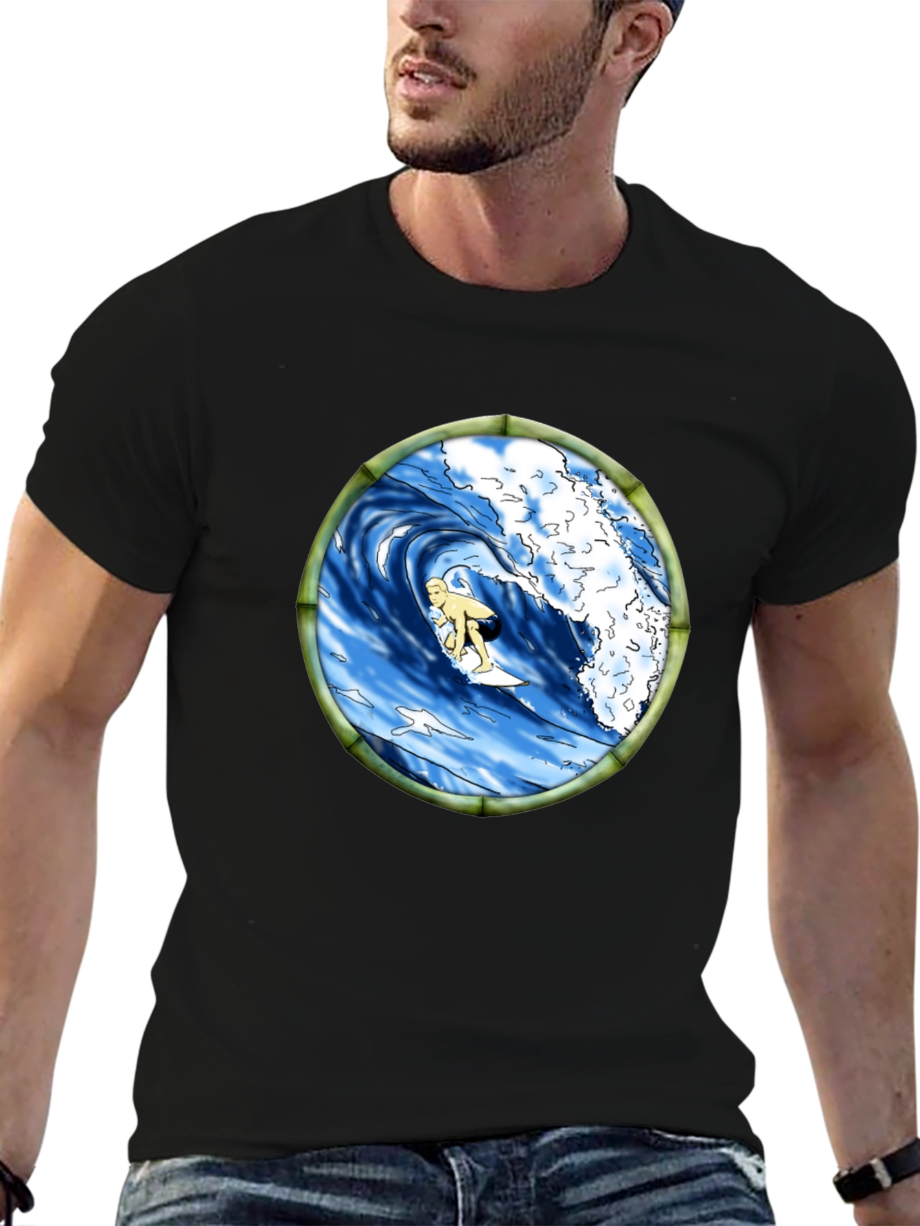 Surfing Wave Graphic Black T-Shirt