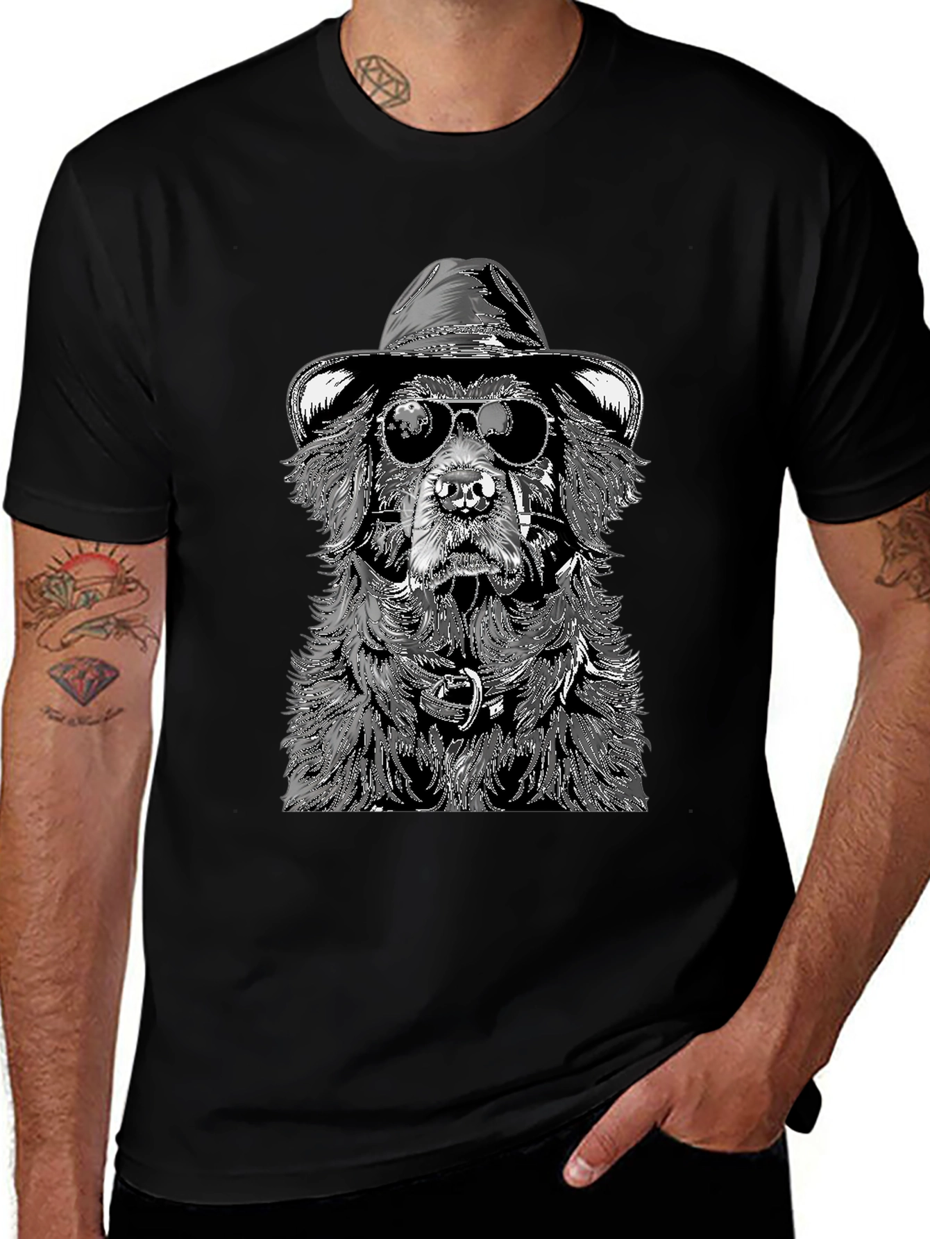 Dog with Hat and Shades Black T-Shirt