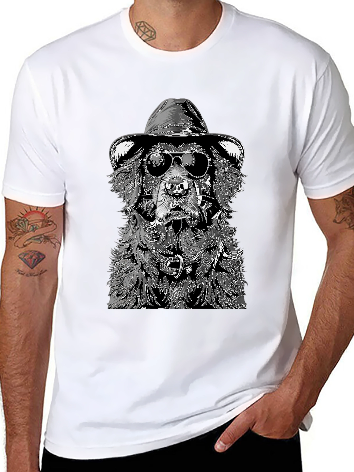Dog with Hat and Shades Black T-Shirt