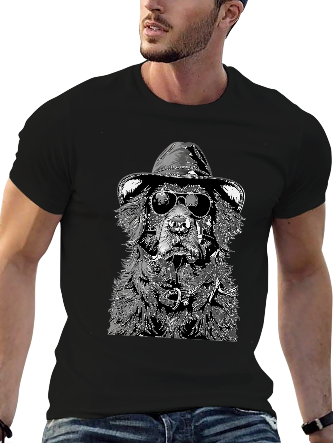 Dog with Hat and Shades Black T-Shirt