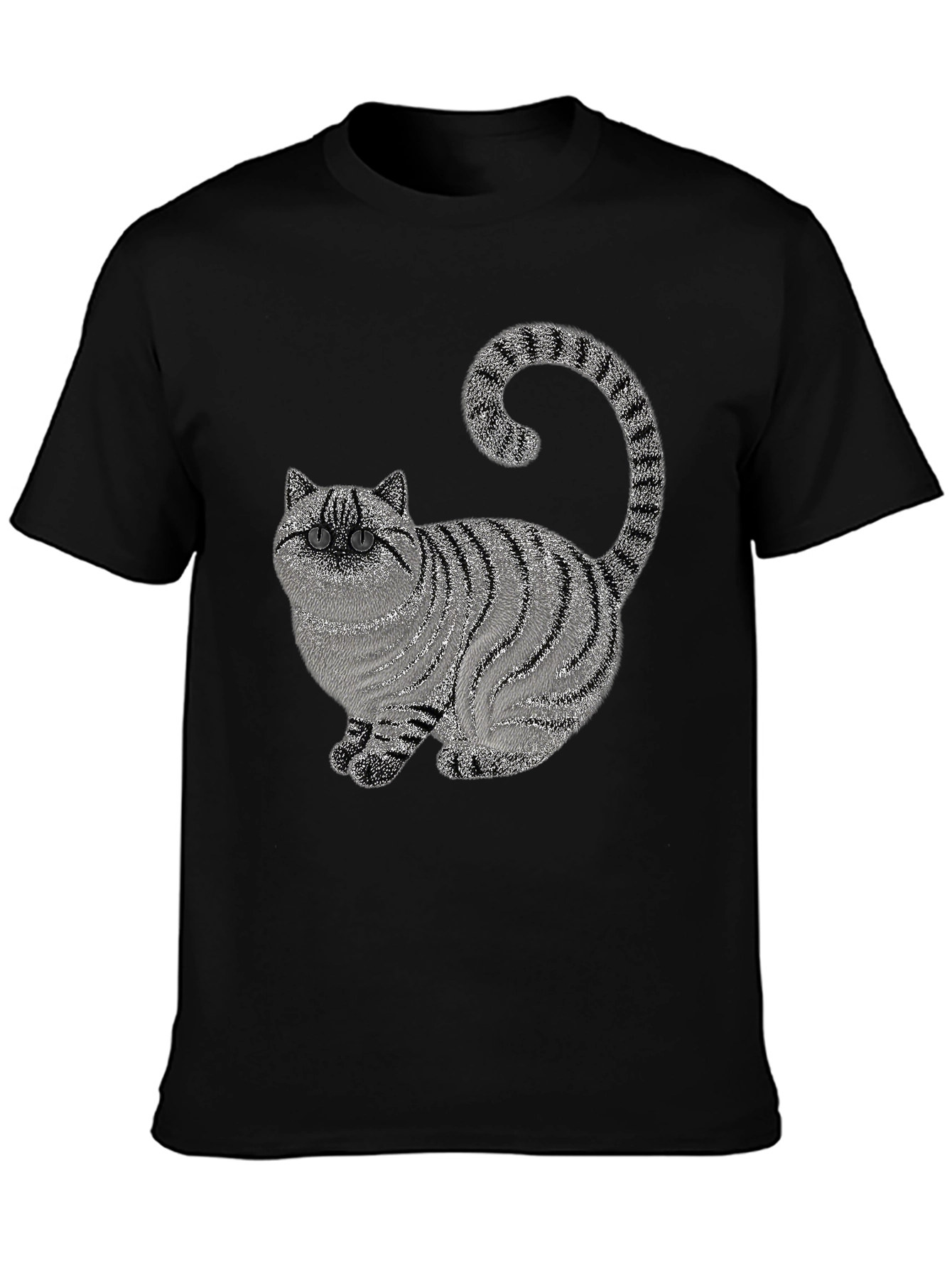 Striped Cat Graphic Black T-Shirt - Novelty Design