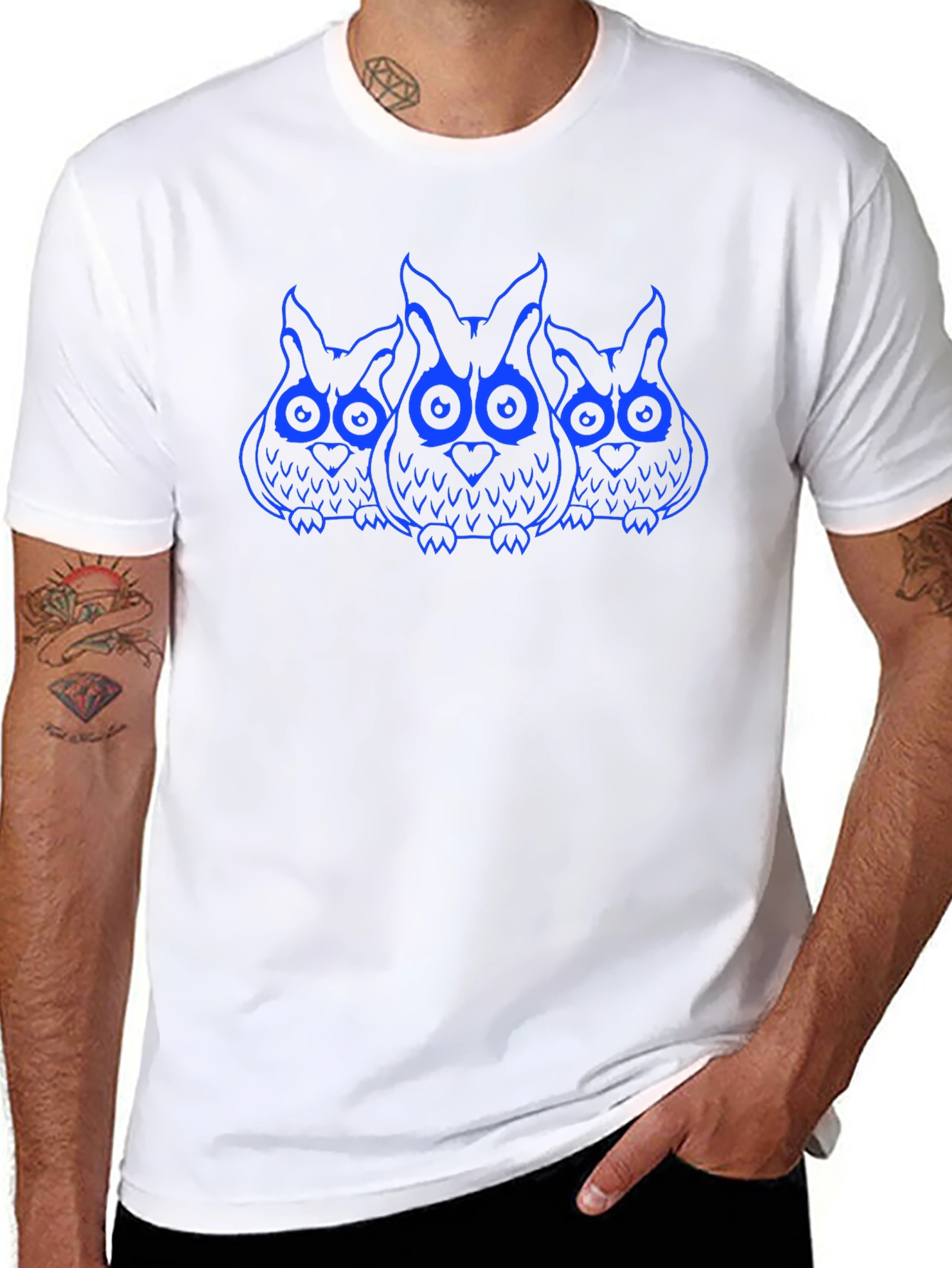 Owl Trio Graphic Print T-Shirt - Black