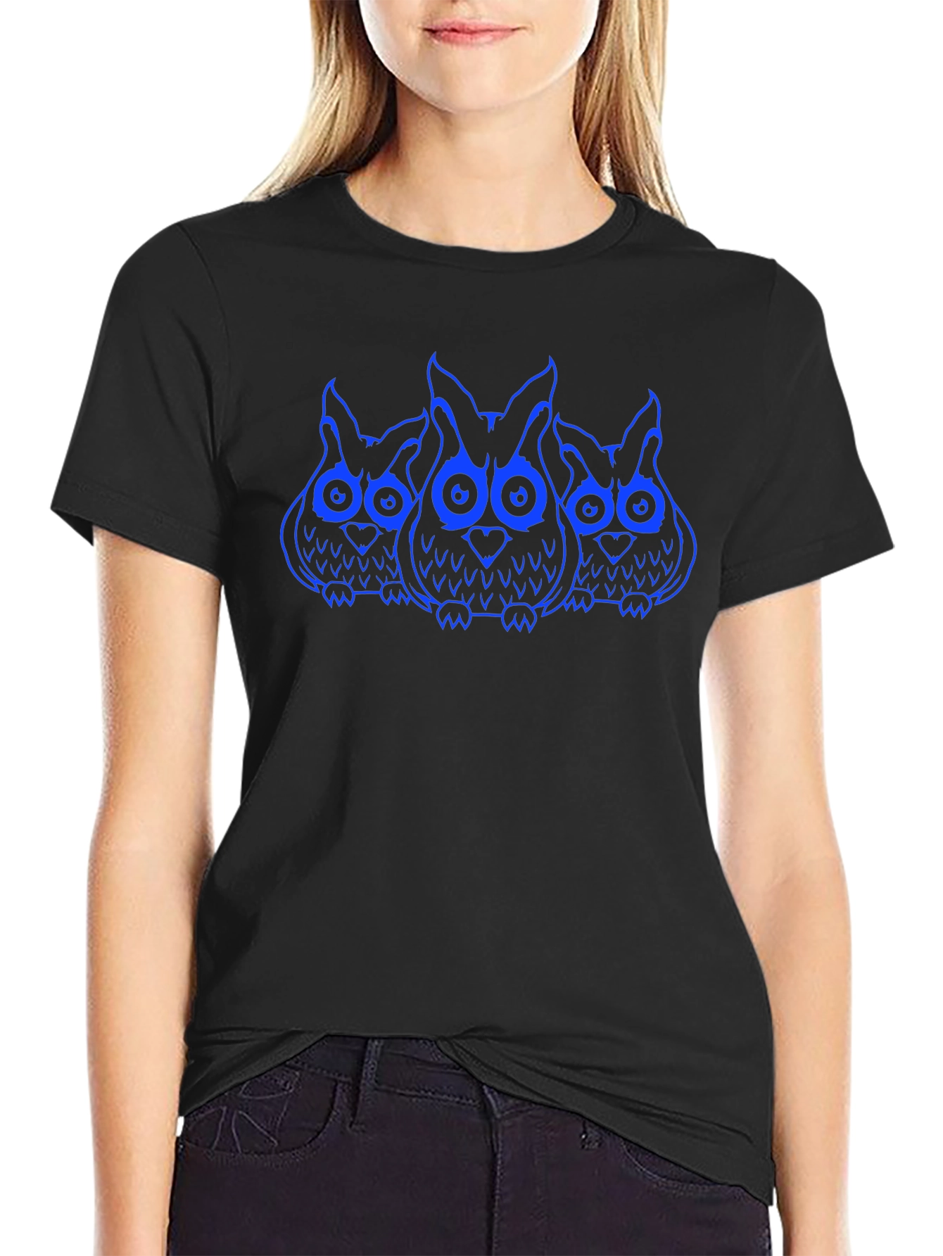 Owl Trio Graphic Print T-Shirt - Black