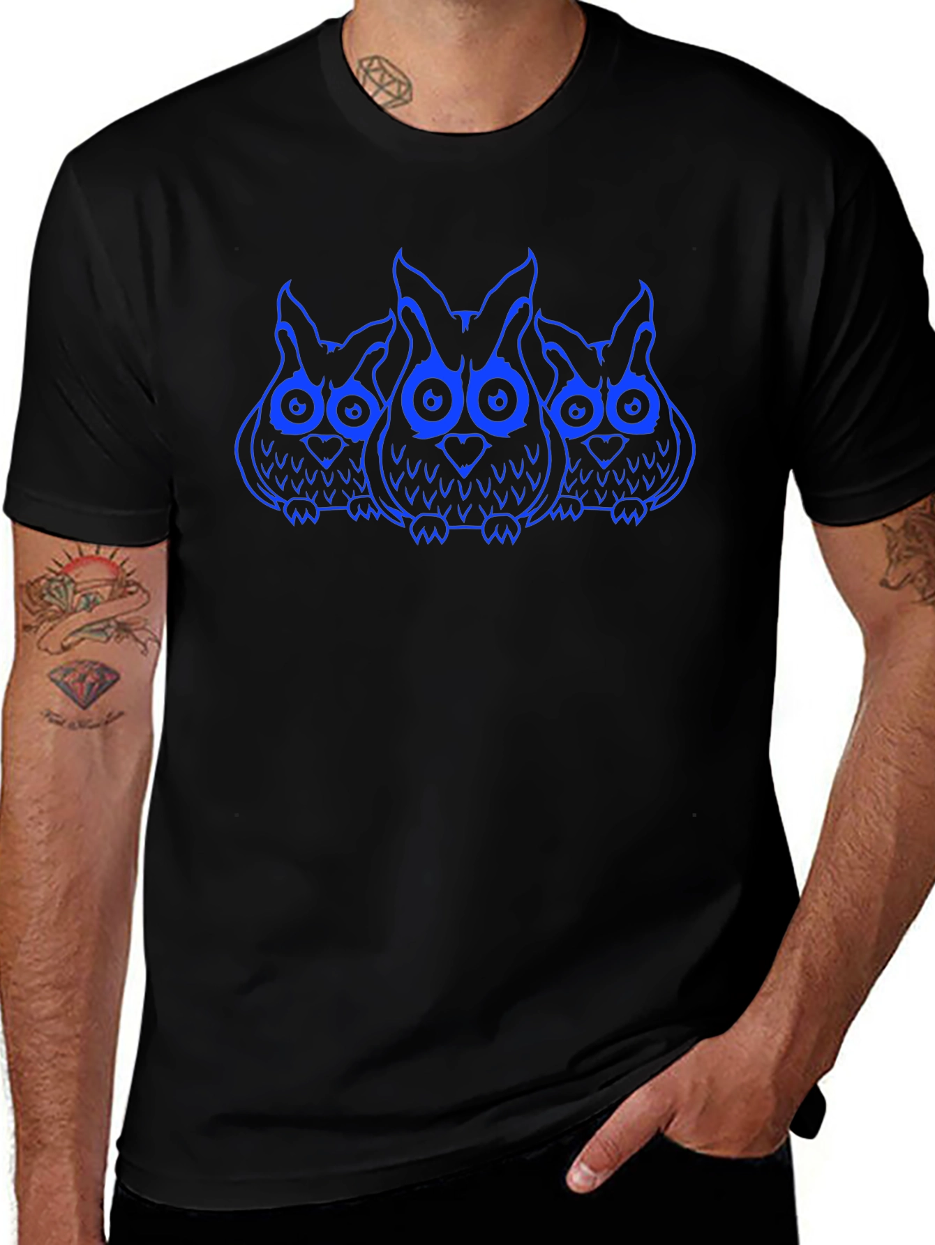 Owl Trio Graphic Print T-Shirt - Black