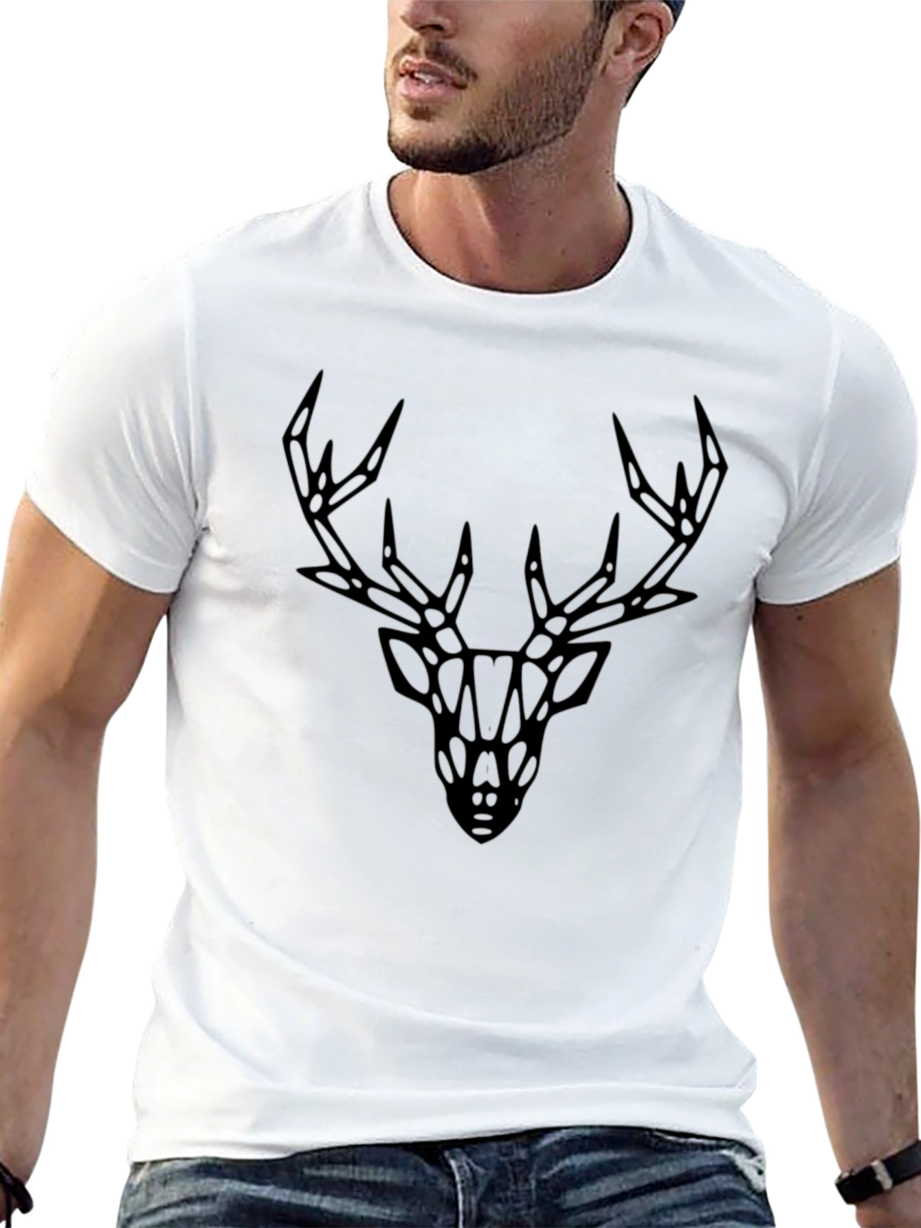 Geometric Deer Graphic Tee - Black Cotton