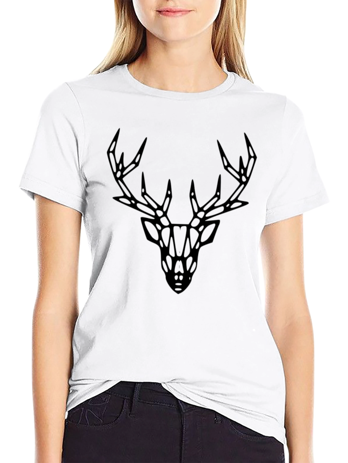 Geometric Deer Graphic Tee - Black Cotton