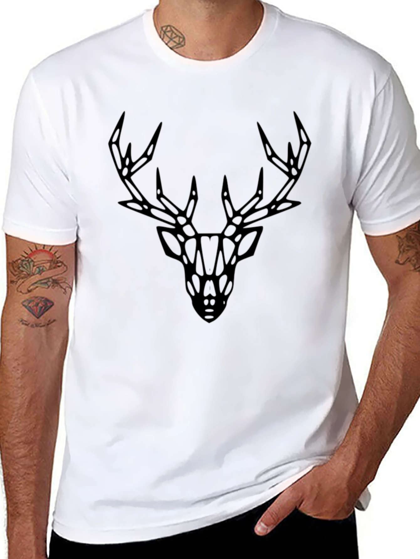 Geometric Deer Graphic Tee - Black Cotton