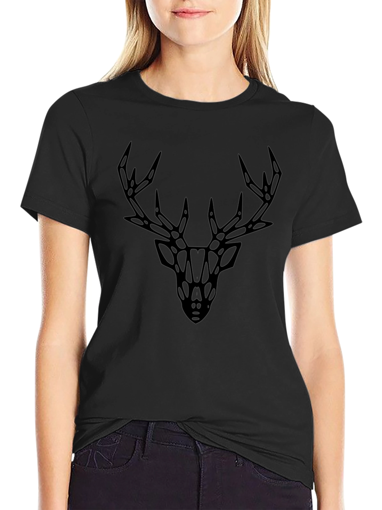 Geometric Deer Graphic Tee - Black Cotton
