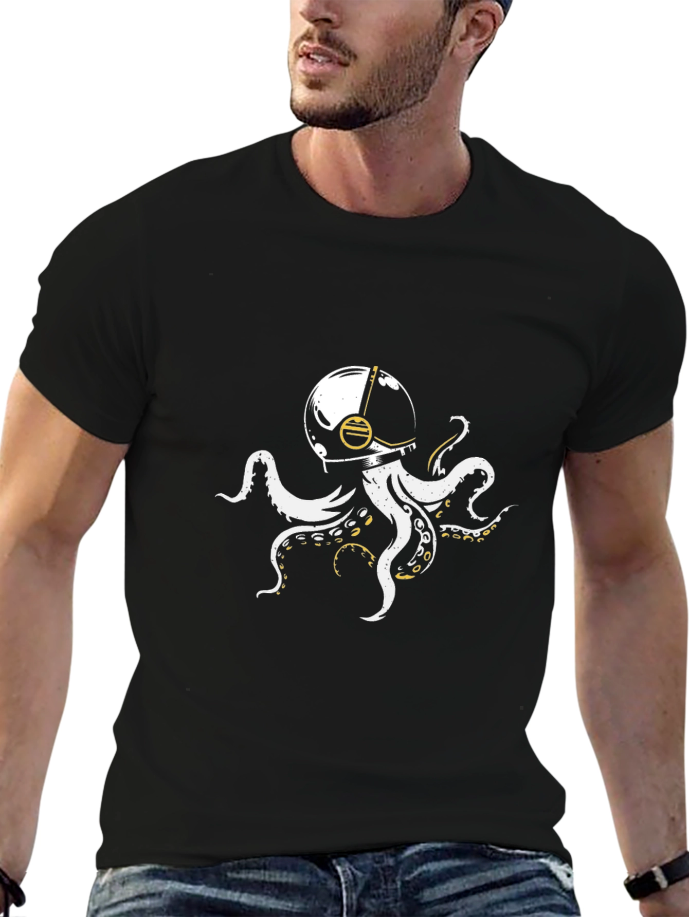 Astronaut Octopus Graphic Tee - Black Cotton Blend