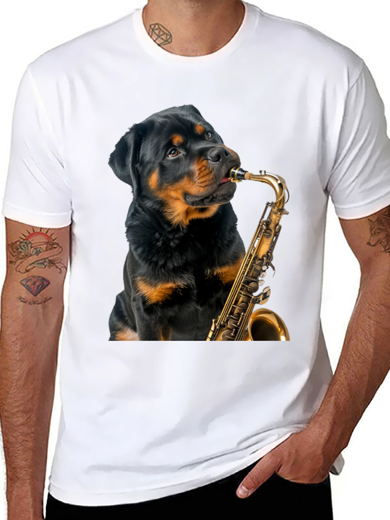 Rottweiler Saxophone T-Shirt - Musical Dog Tee