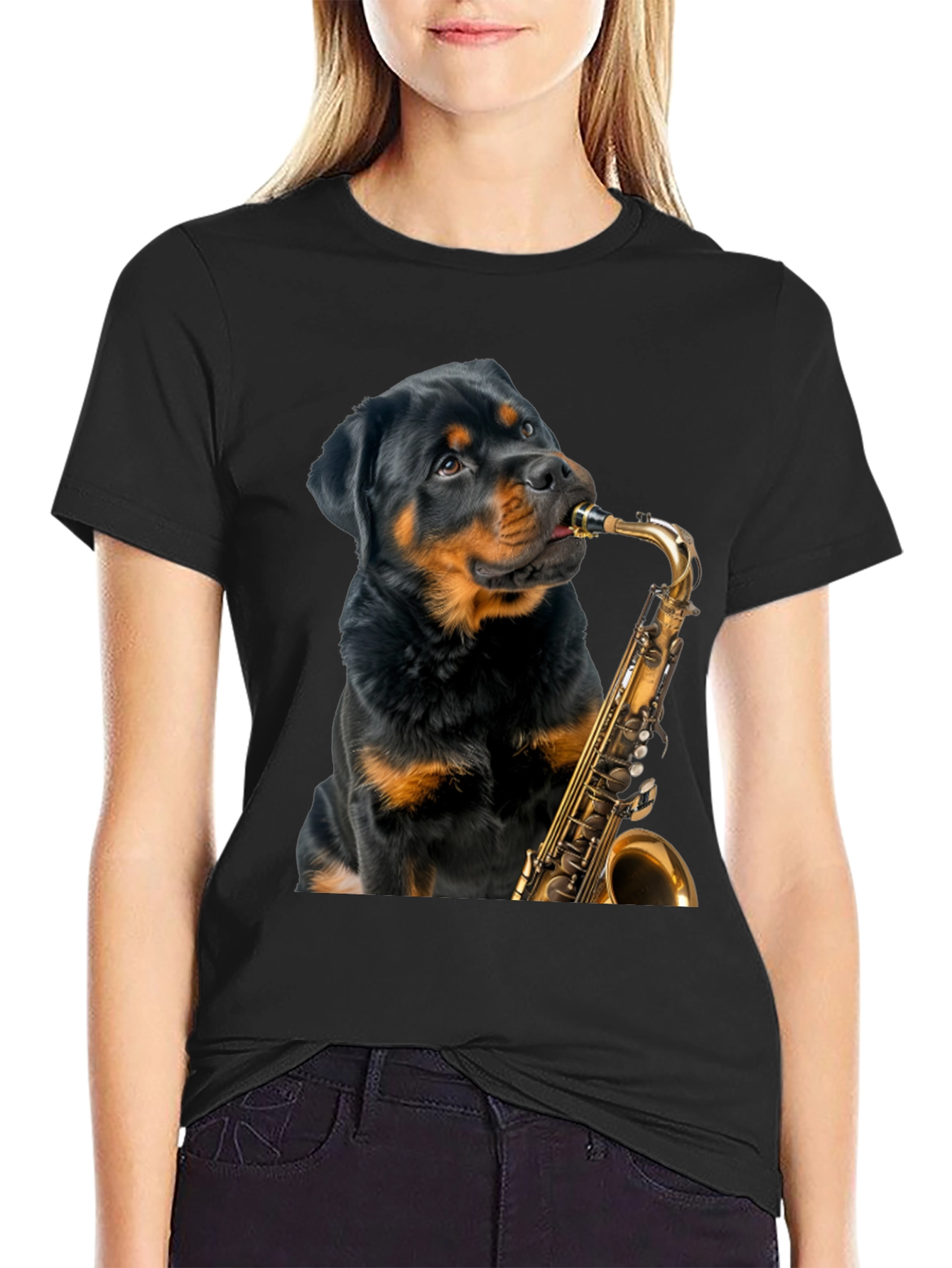 Rottweiler Saxophone T-Shirt - Musical Dog Tee