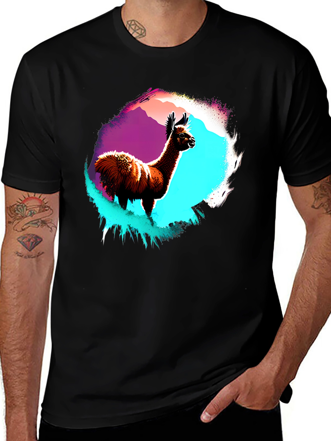 Llama Graphic T-Shirt - Mens Black Crew Neck Tee