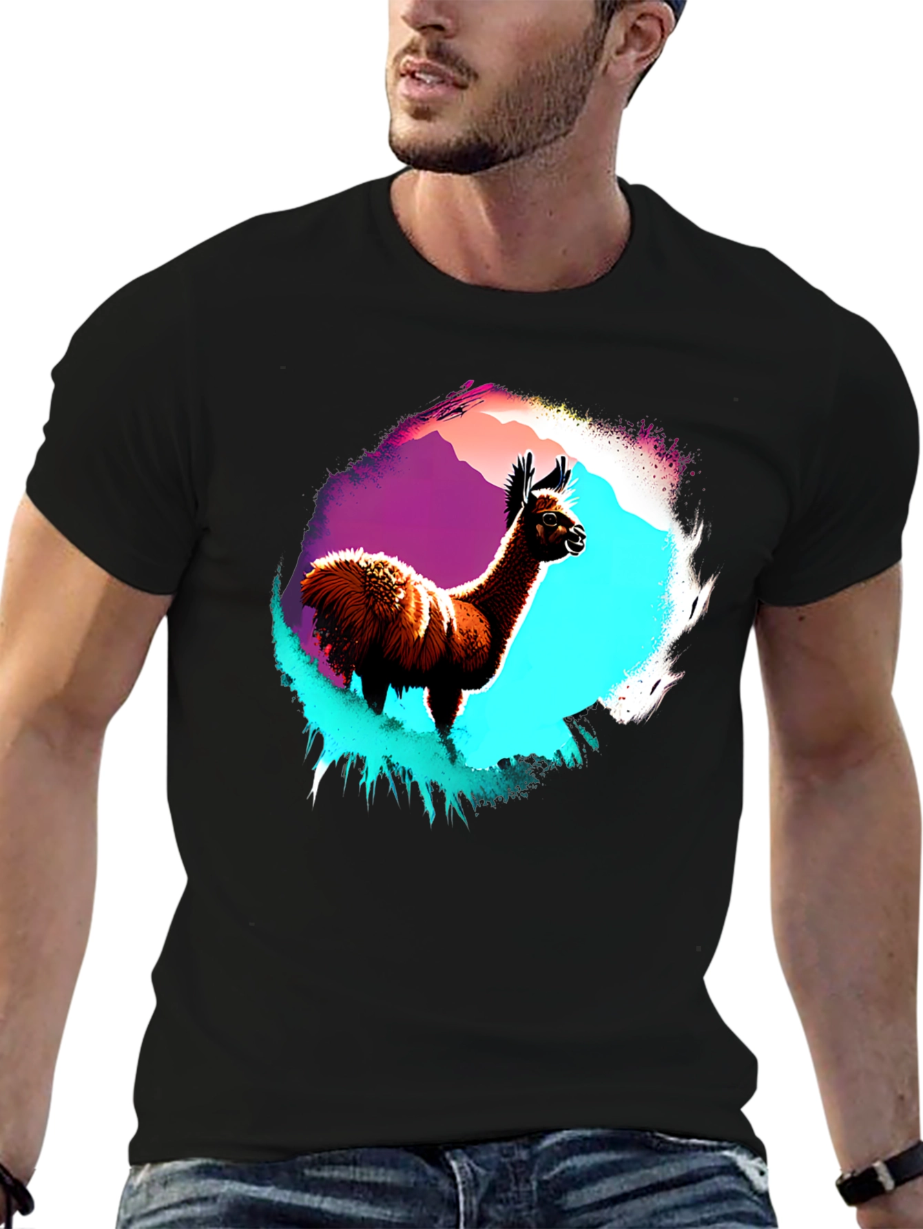 Llama Graphic T-Shirt - Mens Black Crew Neck Tee