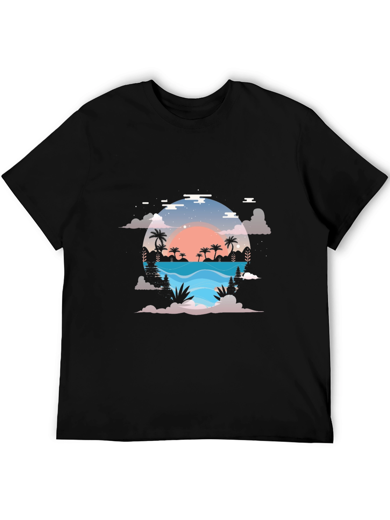 Sunset Paradise Graphic Tee - Black Cotton Blend Shirt