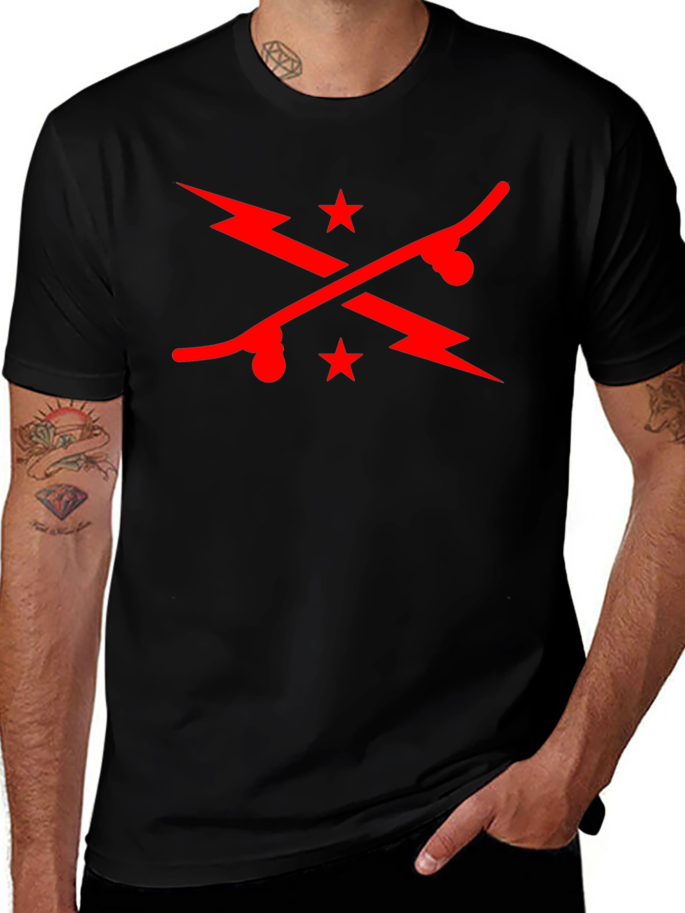 Cool Skateboard & Lightning Bolt Graphic Black T-Shirt