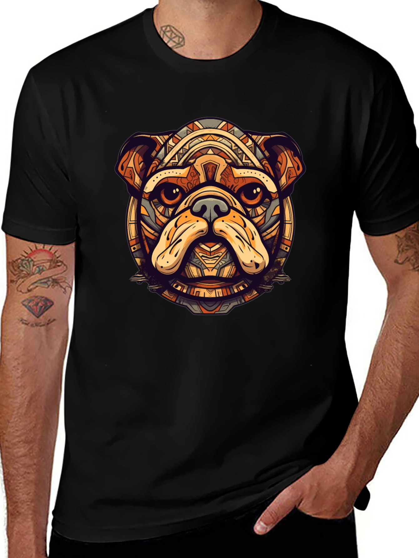 Bulldog Tribal Art Black T-Shirt