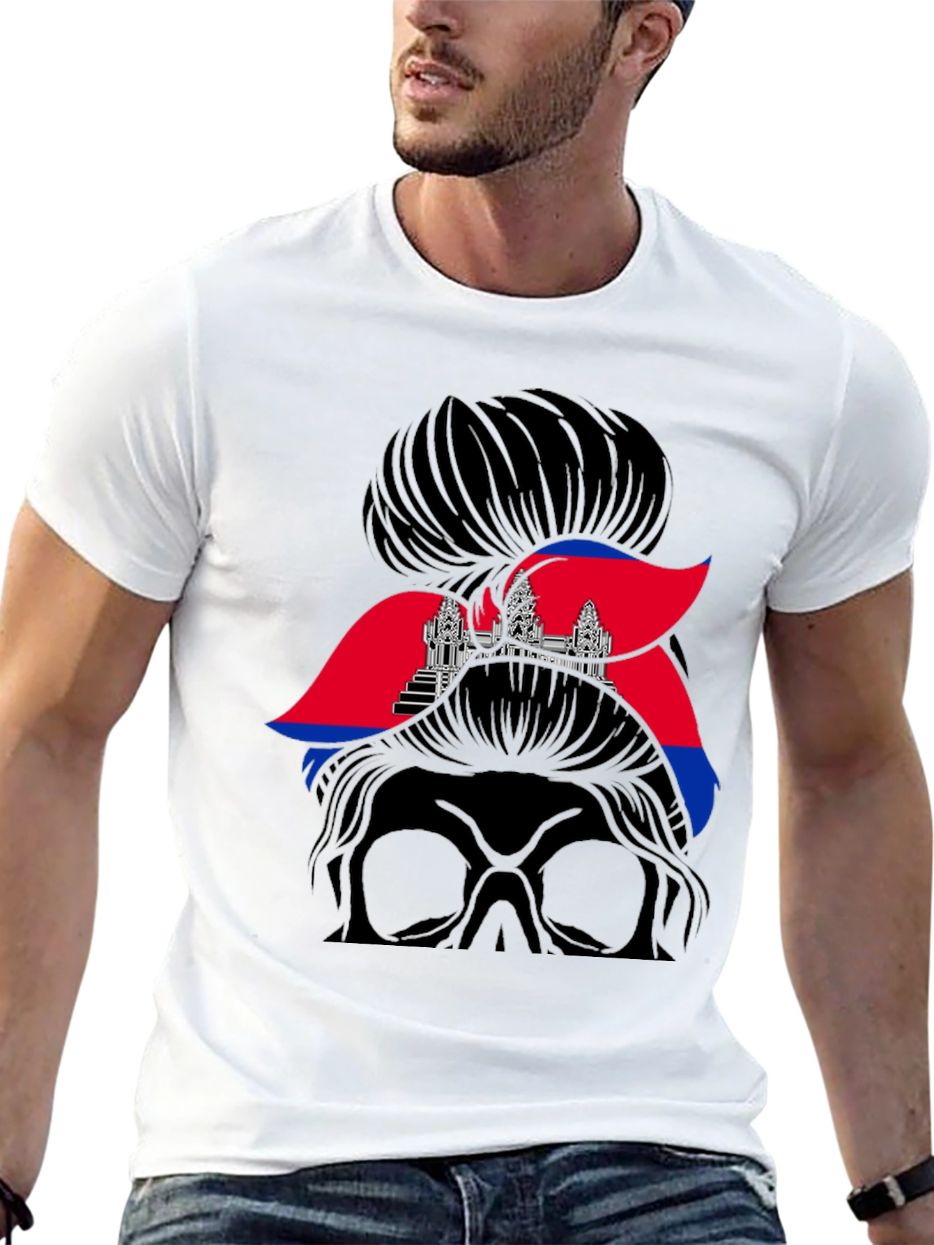 Cambodia Messy Bun T-Shirt Angkor Wat Flag Tee