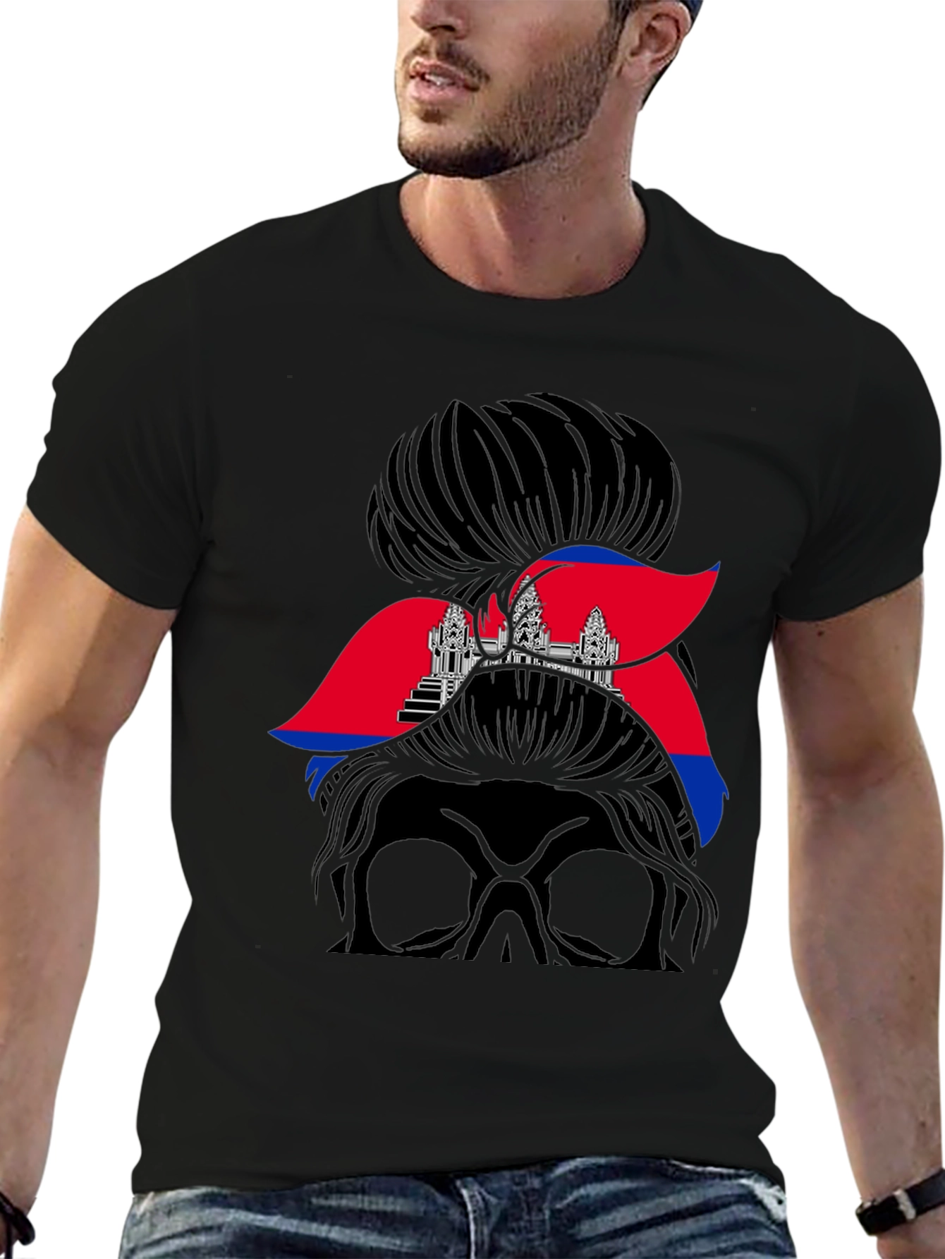 Cambodia Messy Bun T-Shirt Angkor Wat Flag Tee