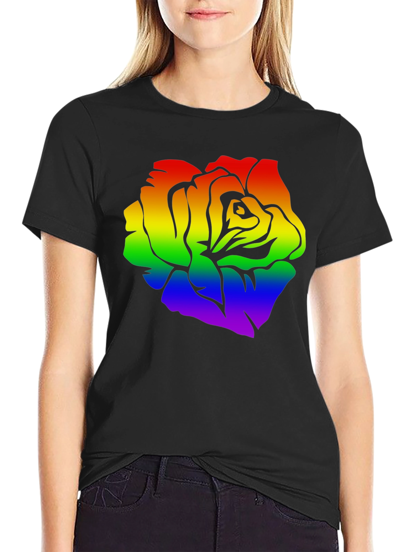 Rainbow Rose Graphic Black T-Shirt