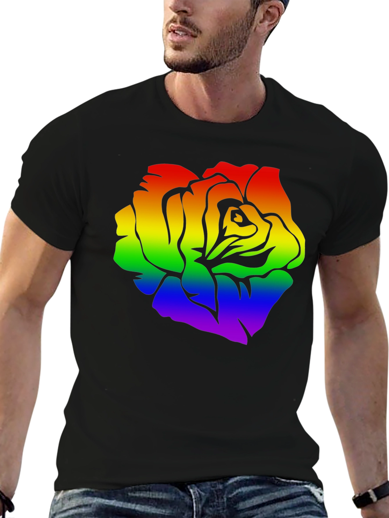 Rainbow Rose Graphic Black T-Shirt