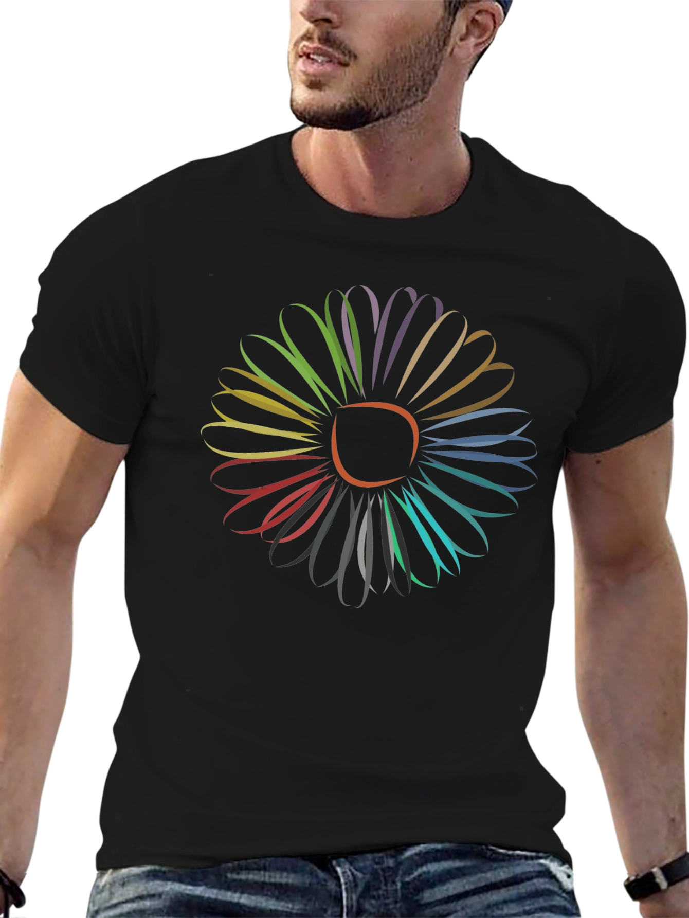 Vibrant Flower Graphic Tee - Stylish Mens Black T-Shirt