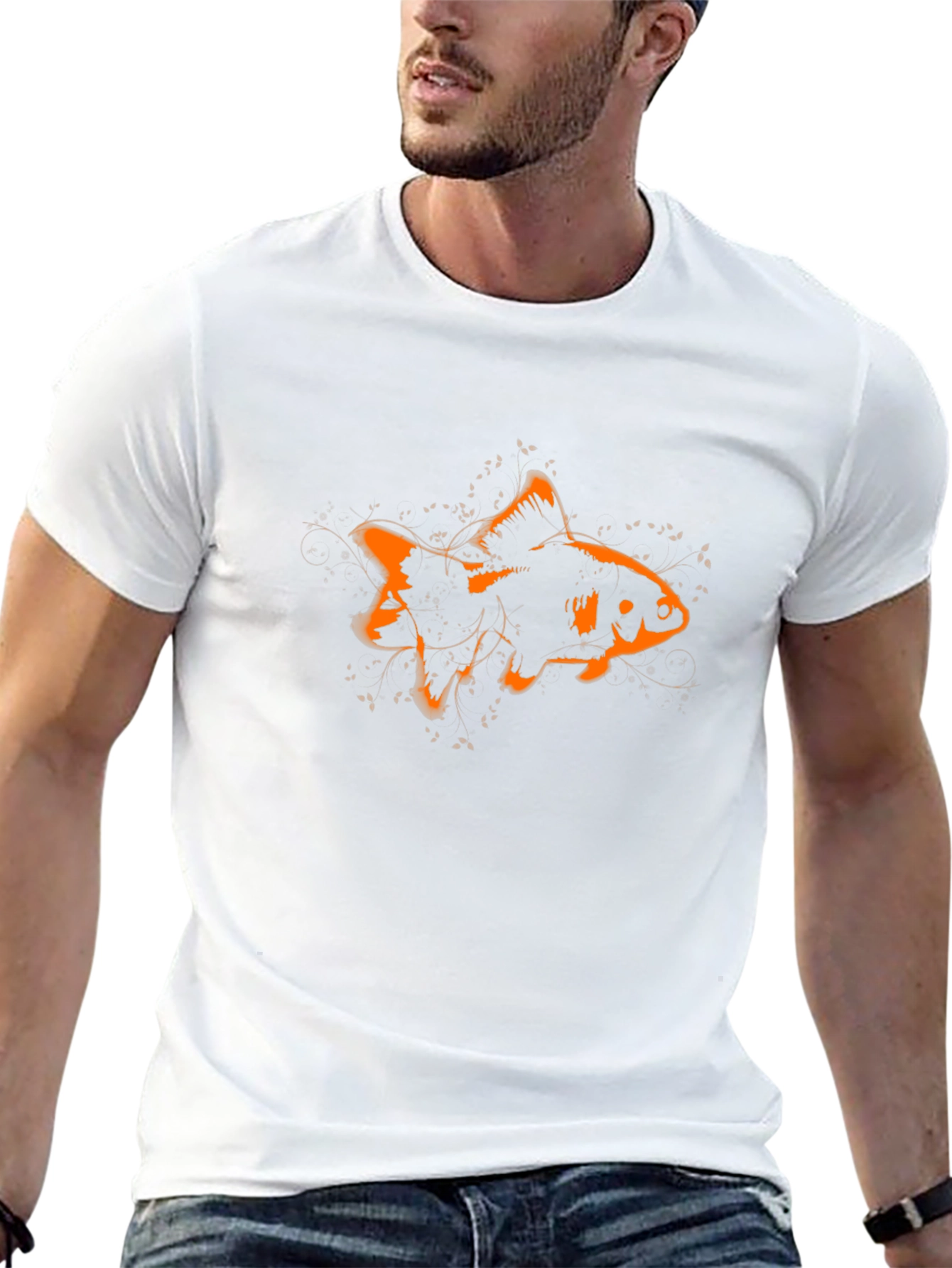 Stylish Black Tee with Orange Goldfish Graphic Print