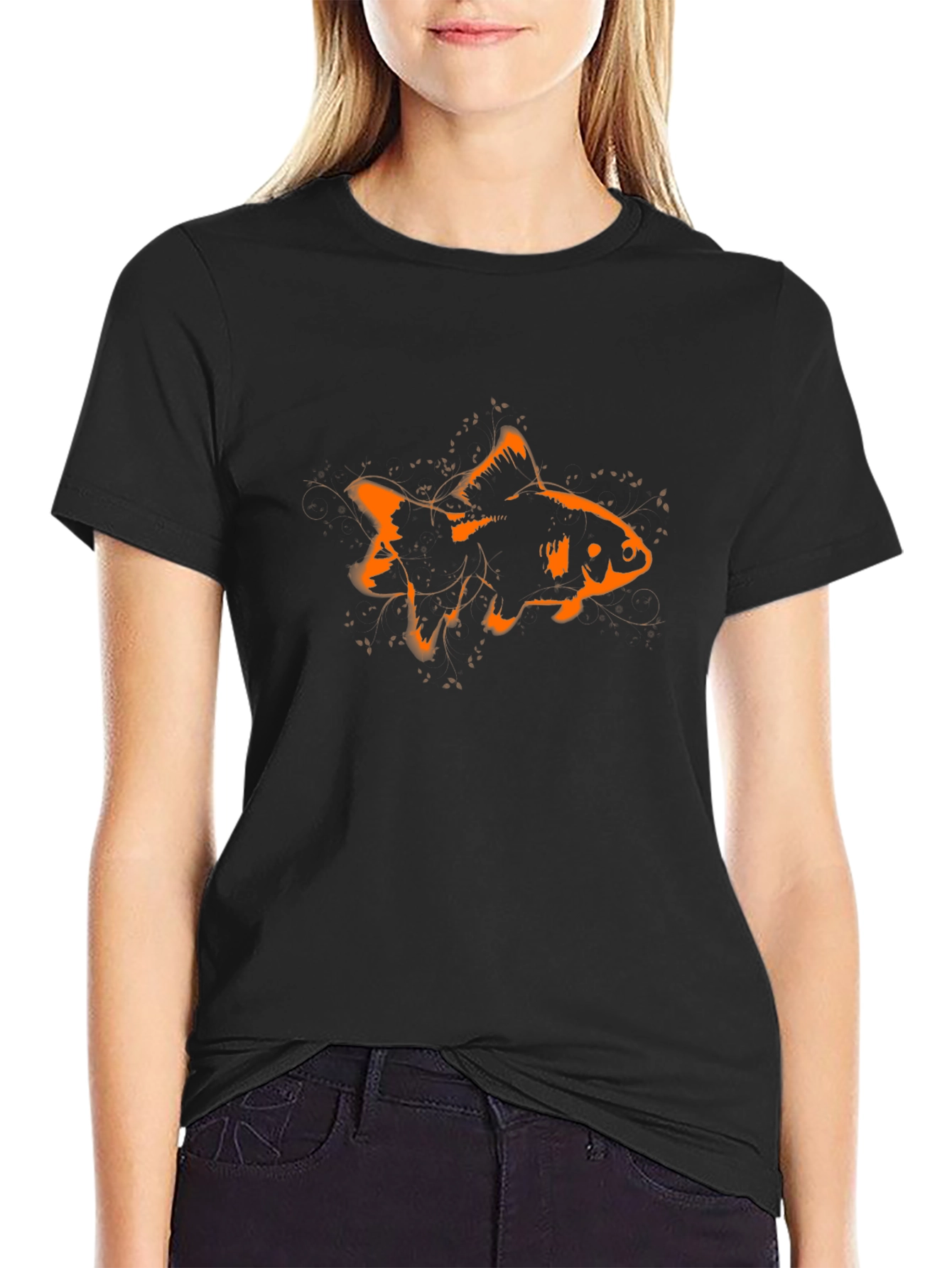 Stylish Black Tee with Orange Goldfish Graphic Print